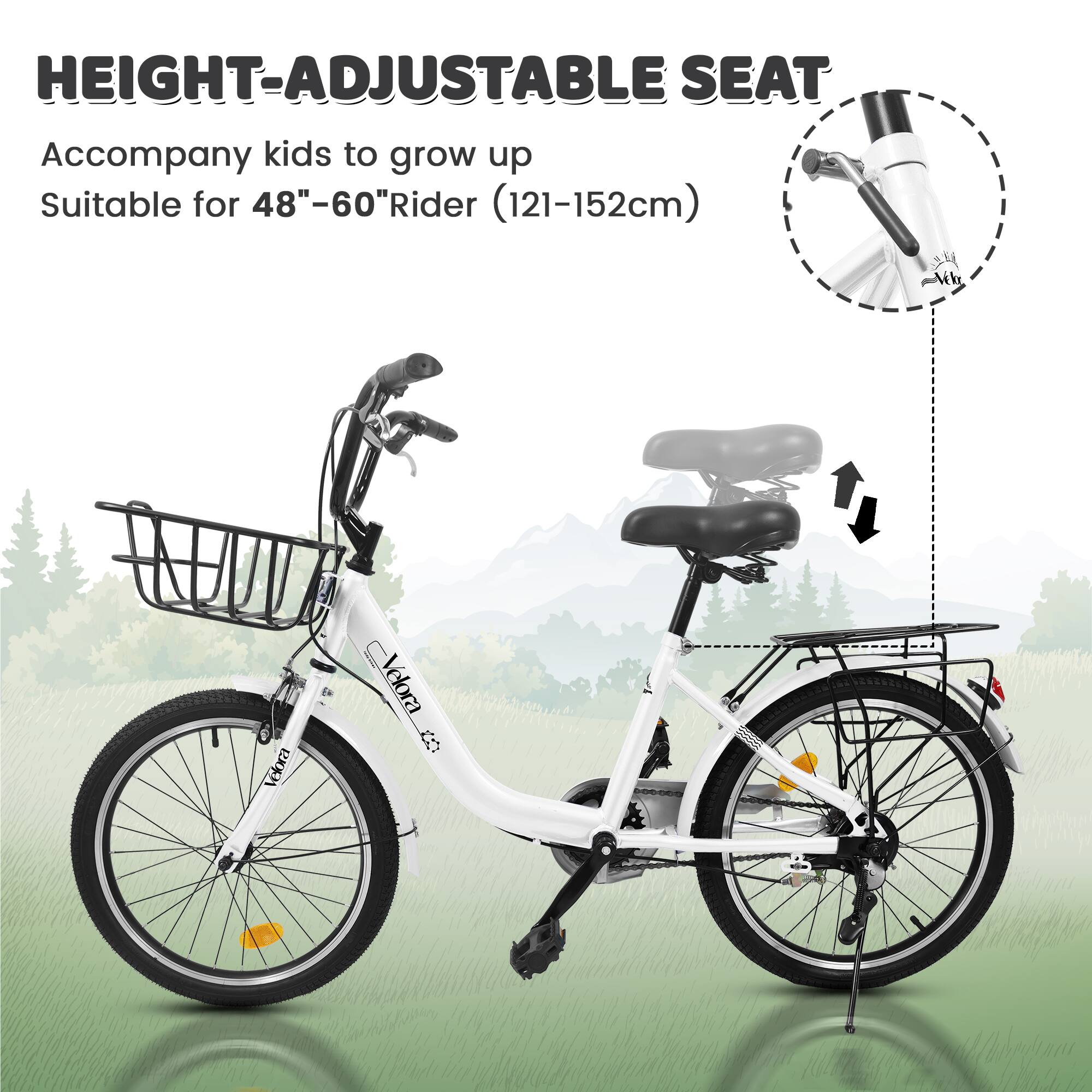 HEIGHT-ADJUSTABLE SEAT  
Accompany kids to grow up  
Suitable for 48"–60" Rider (121–152cm)