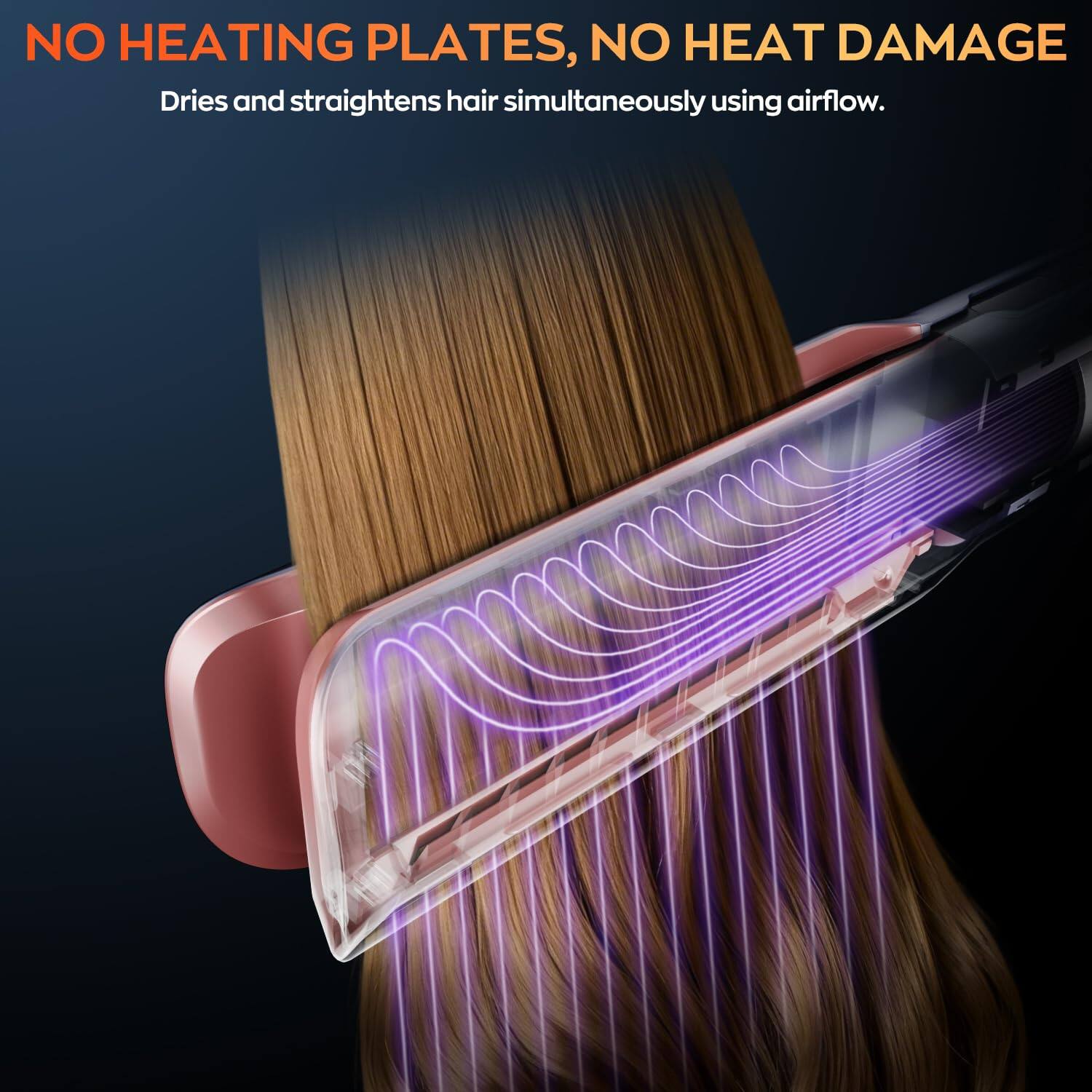 NO HEATING PLATES, NO HEAT DAMAGE  
Dries and straightens hair simultaneously using airflow.
