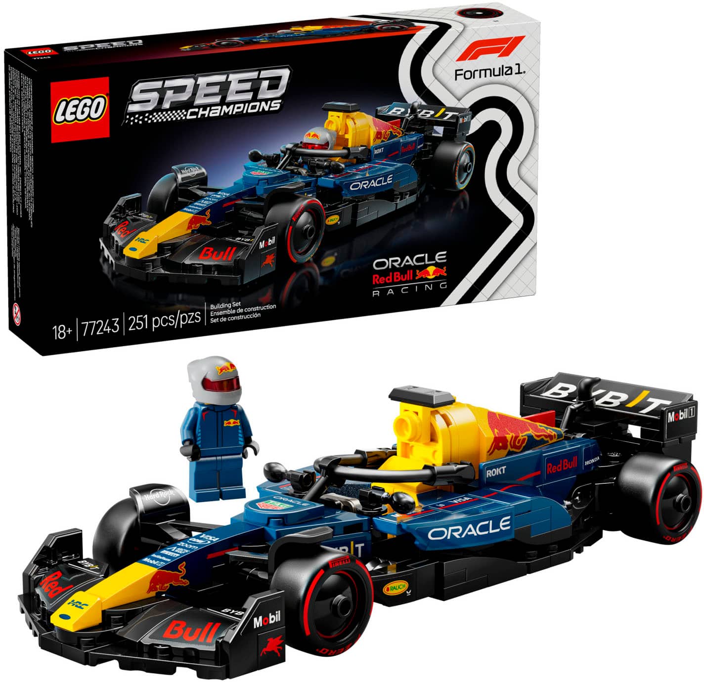 The image features a Lego Speed Champions Formula 1 car set, which includes a Bull and Oracle Red Bull Racing car. The set is designed for construction and comes with 77243 pieces. The car is displayed in a box, and a small figure of a person is also present in the scene. The set is suitable for ages 18 and up, and it is an exciting addition to any Lego collection.