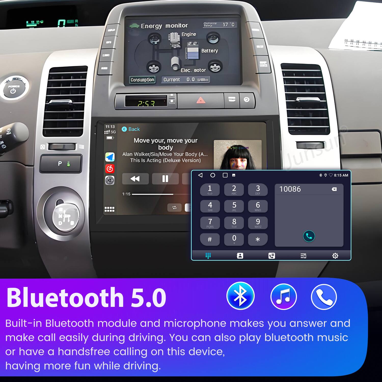 .E 1 queate Energy monitor Ck Engine 17 "C Battery .. Elec. notor Consumption Current 0.0 Uo S P 11:13 !!! 5G 2:5 3 4 Back Move your, move your body Alan Walker/Sia/Move Your Body (A... This is Acting (Deluxe Version) 1 1:15  . 2 AUK Junsur 8:15 AM 3 10086 DEE 4 Ls 5 2 6 sO 7 FORS 8 T1M 9 WYZ # 0 * Bluetooth 5.0 Built-in Bluetooth module and microphone makes you answer and make call easily during driving. You can also play bluetooth music or have a handsfree calling on this device, having more fun while driving.