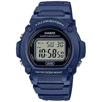 ILLUMINATOR
CASIO
ALARM CHRONOGRAPH
START/STOP
12/24H
PM
58 30
10:58:58
SPLIT/RESET
RESET MODE
WR
LIGHT
WATER 50M RESIST