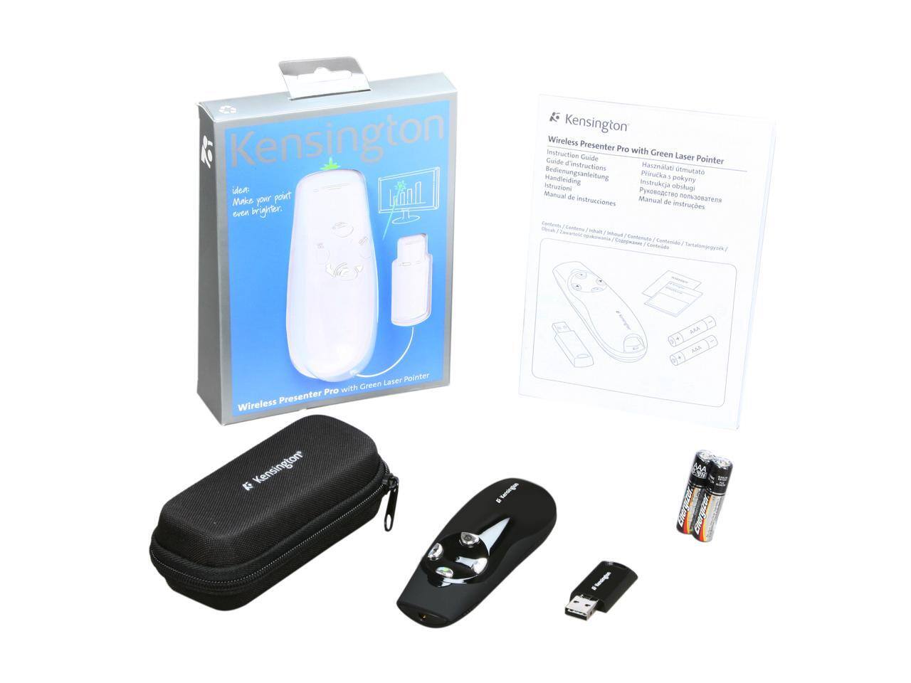 Kensington Wireless Presenter Pro with Green Laser Pointer

Make your point even brighter.

Instruction Guide
- Használati utasítás
- Bedienungsanleitung
- Instrucciones
- Príncipka a pokyny
- Istruzioni
- Manual de instrucciones
- Manual de instruções

Contents
- Wireless Presenter Pro with Green Laser Pointer
- Kensington Servingo