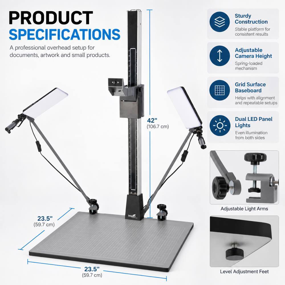Impact Pro Copy Stand with Dual LED Panel Light Kit, 42 Inch Column, 23 ...