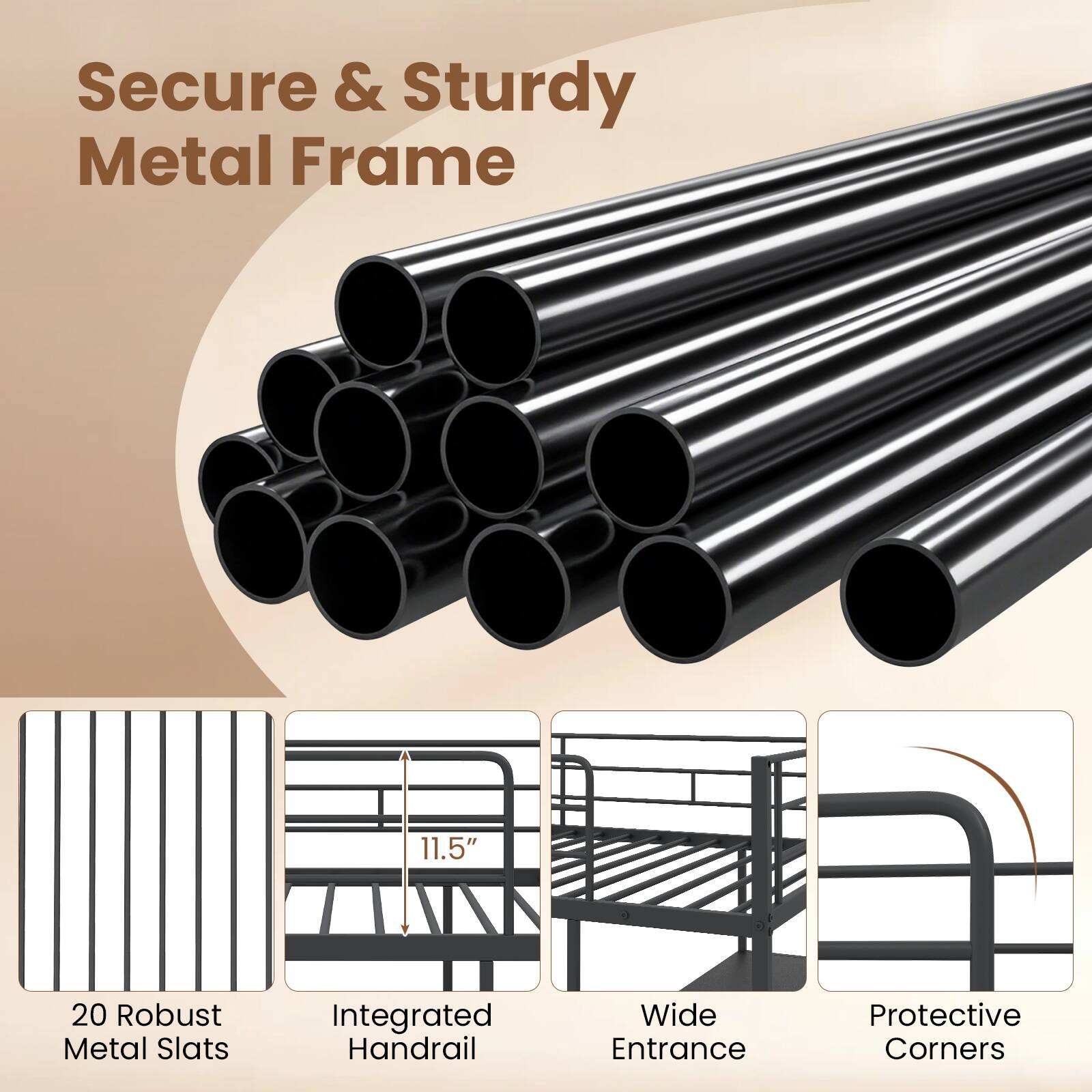 Secure & Sturdy Metal Frame

- 20 Robust Metal Slats
- Integrated Handrail
- Wide Entrance
- Protective Corners