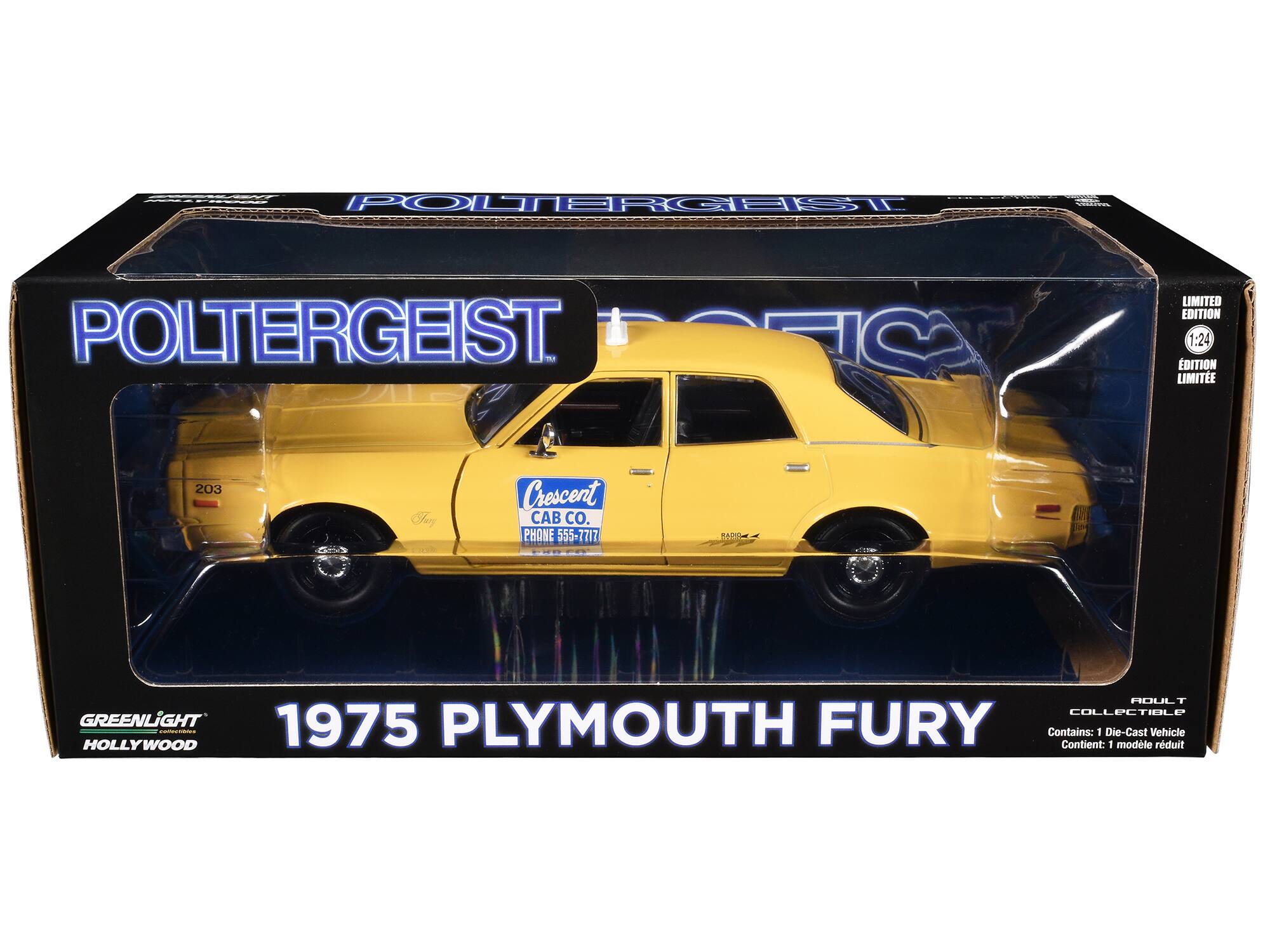 POLTERGEIST  
1975 PLYMOUTH FURY  

Crescent CAB CO.  
PHONE 555-7717  

LIMITED EDITION  
1:24  

GREENLIGHT  
HOLLYWOOD  

Contains: 1 Die-Cast Vehicle  
Contient: 1 modèle réduit  

ADULT COLLECTIBLE