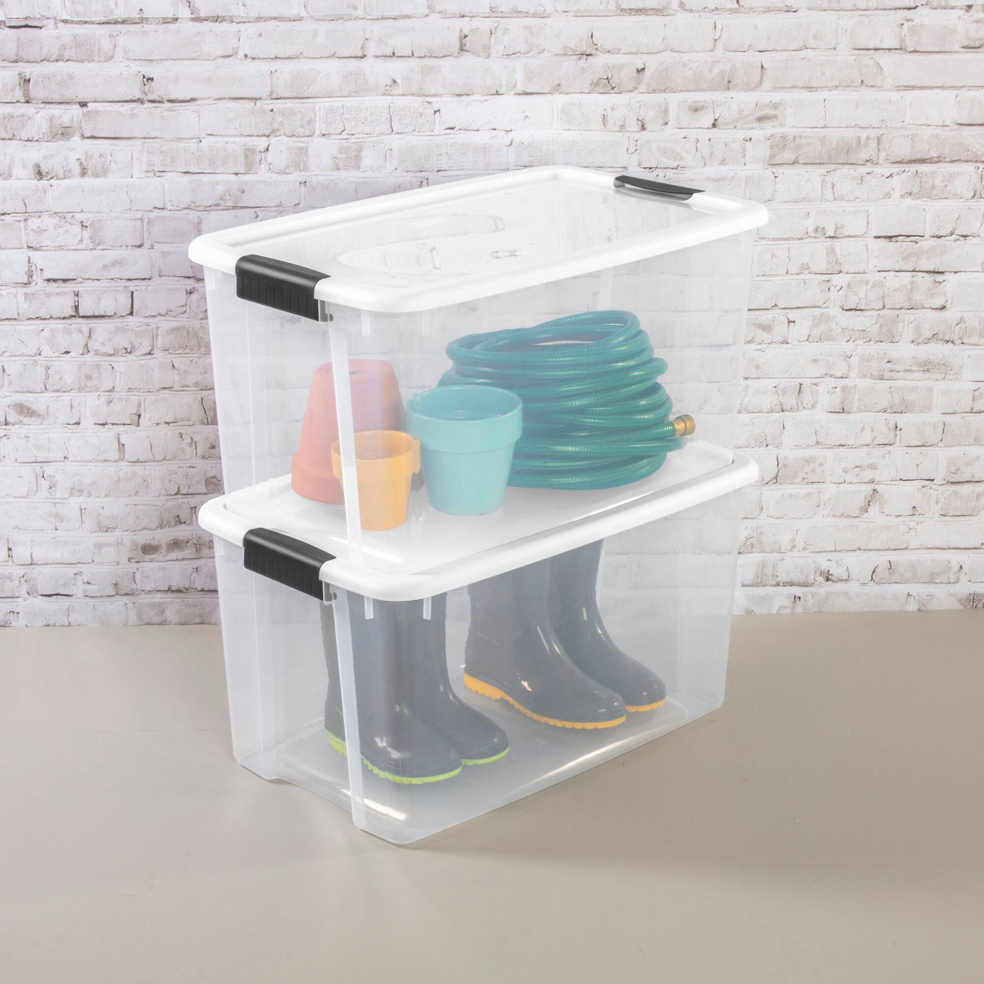 Alt View 7. Sterilite - Sterilite 70 Qt Clear Plastic Stackable Storage Bin w/ White Latch Lid, 16 Pack.