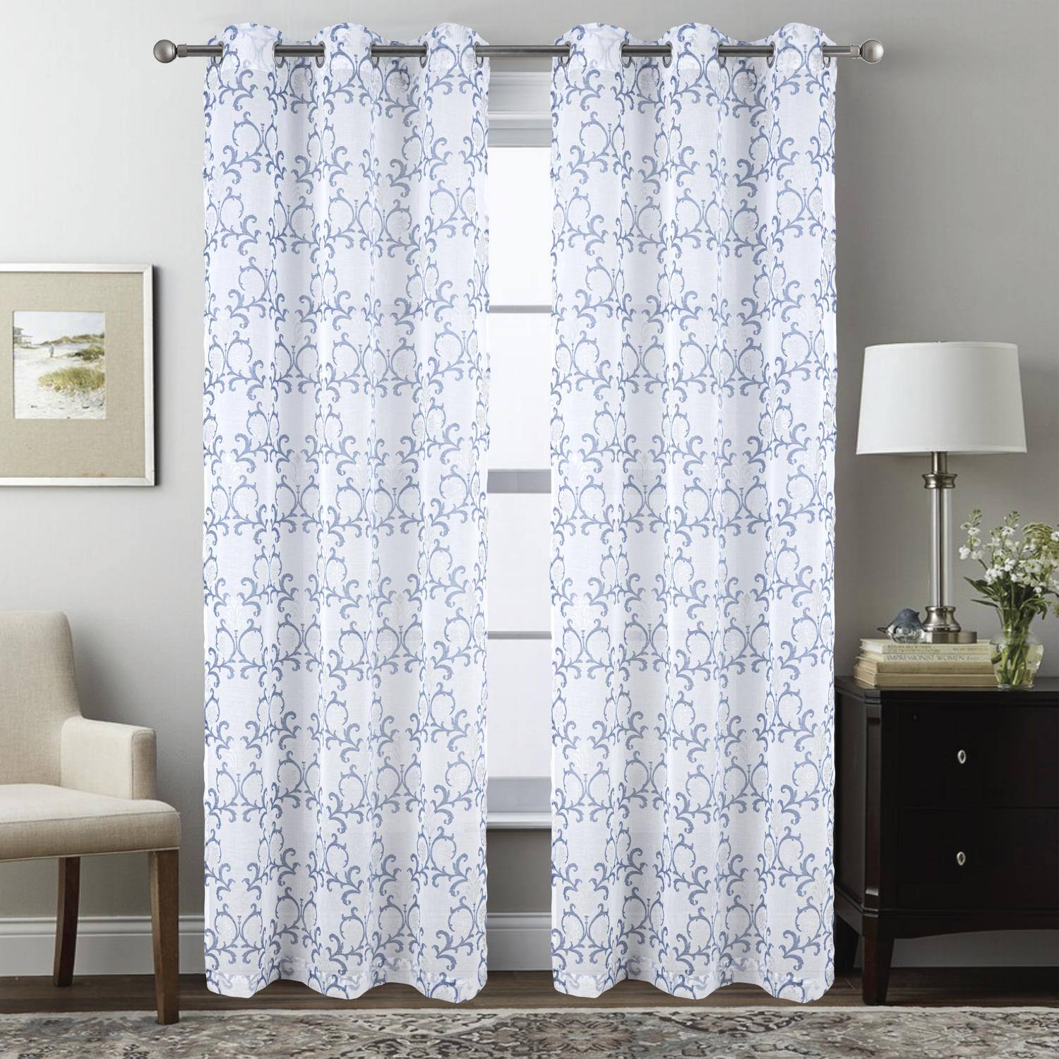 Angle. RT Designers Collection - RT Designers Collection Crown Grommet Sheer Metallic Printed Doily Curtain Panel 54" x 84" Blue - Blue.