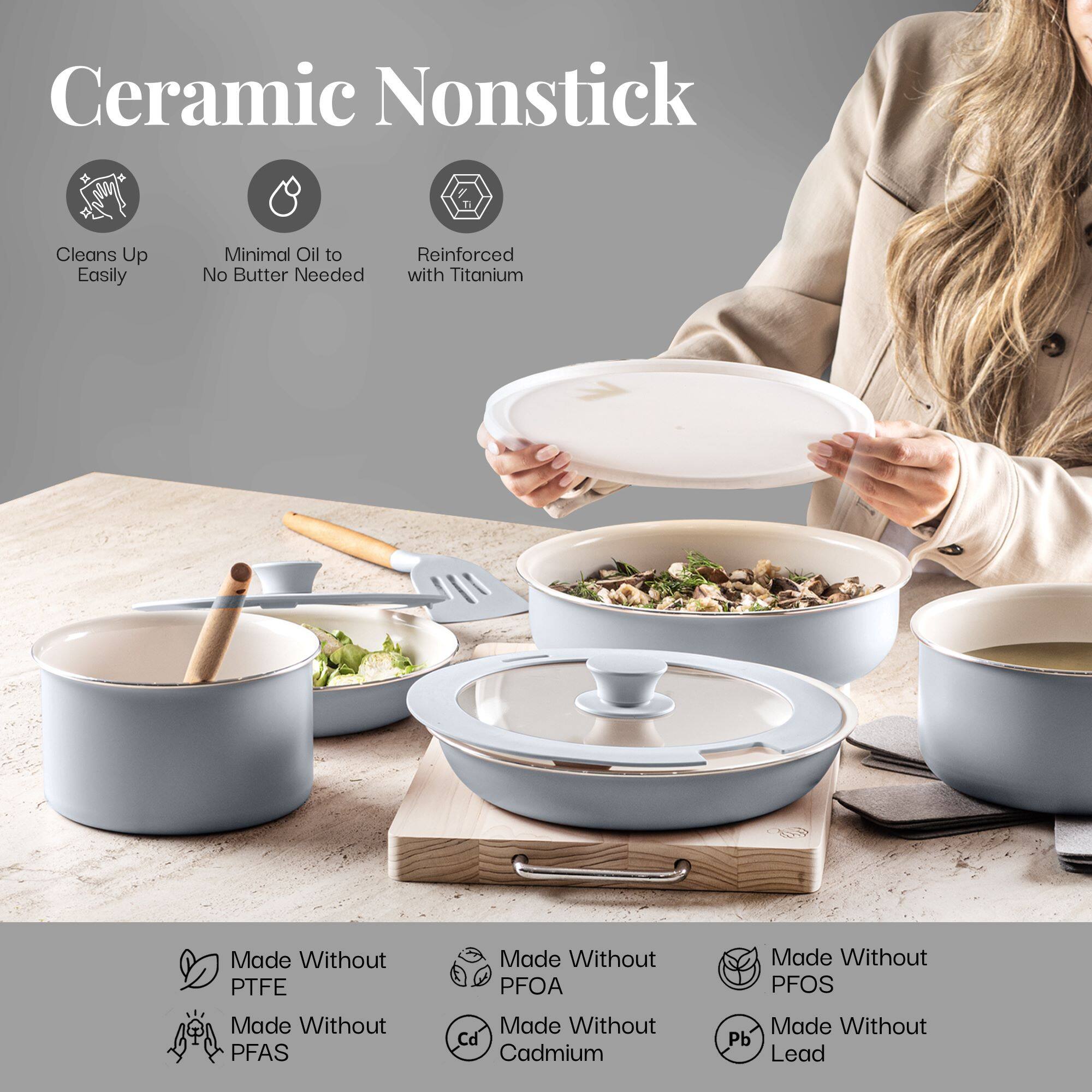 Ceramic Nonstick

Cleans Up Easily

Minimal Oil to No Butter Needed

Reinforced with Titanium

Made Without PTFE
Made Without PFOA
Made Without PFOS
Made Without PFAS
Made Without Cd Cadmium
Made Without Pb Lead