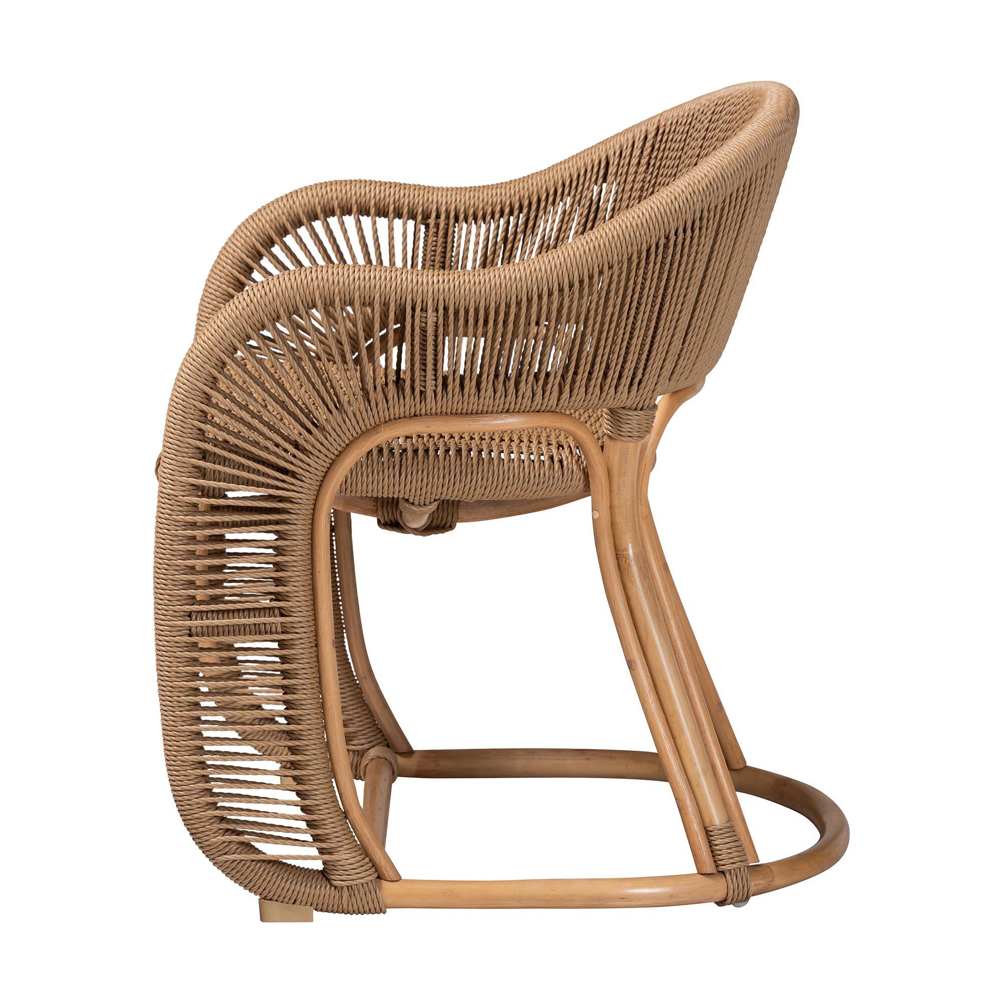 Left. bali & pari - Isra Natural Rattan Accent Chair with Handwoven Synthetic Wicker – Curved Barrel Back Lounge Chair - Natural Brown.