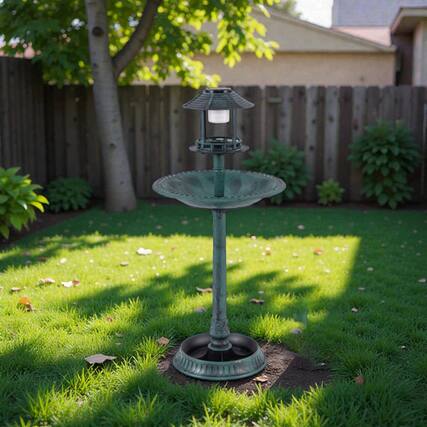 Front. BreeBe - Outdoor Solar Bird Bath Stand with Built-in Feeder and Planter Bowl – Lighted Garden Decor Piece - Green.