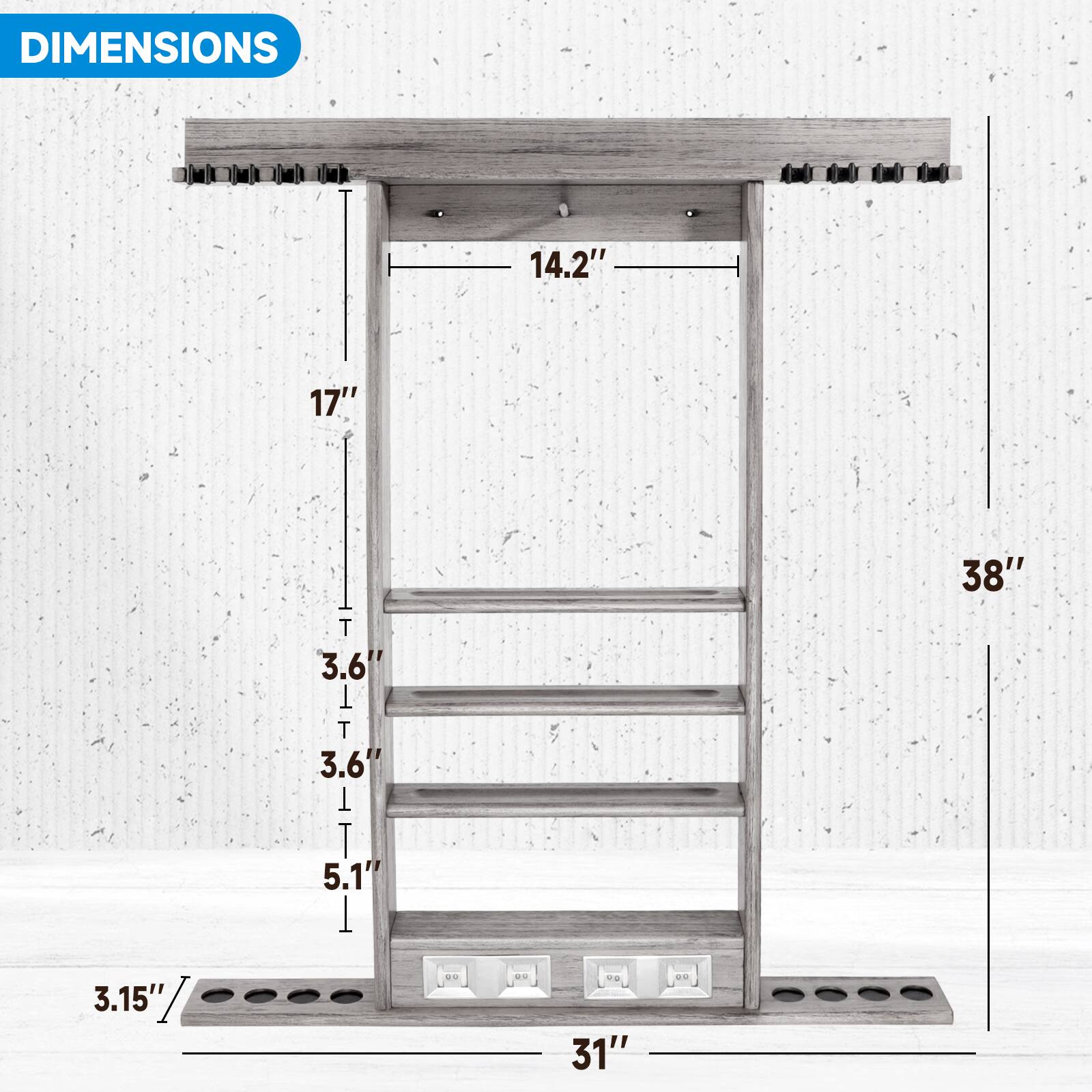 DIMENSIONS: 14.2", 17", 3.15", 3.6", 3.6", 5.1", 31", 38"
