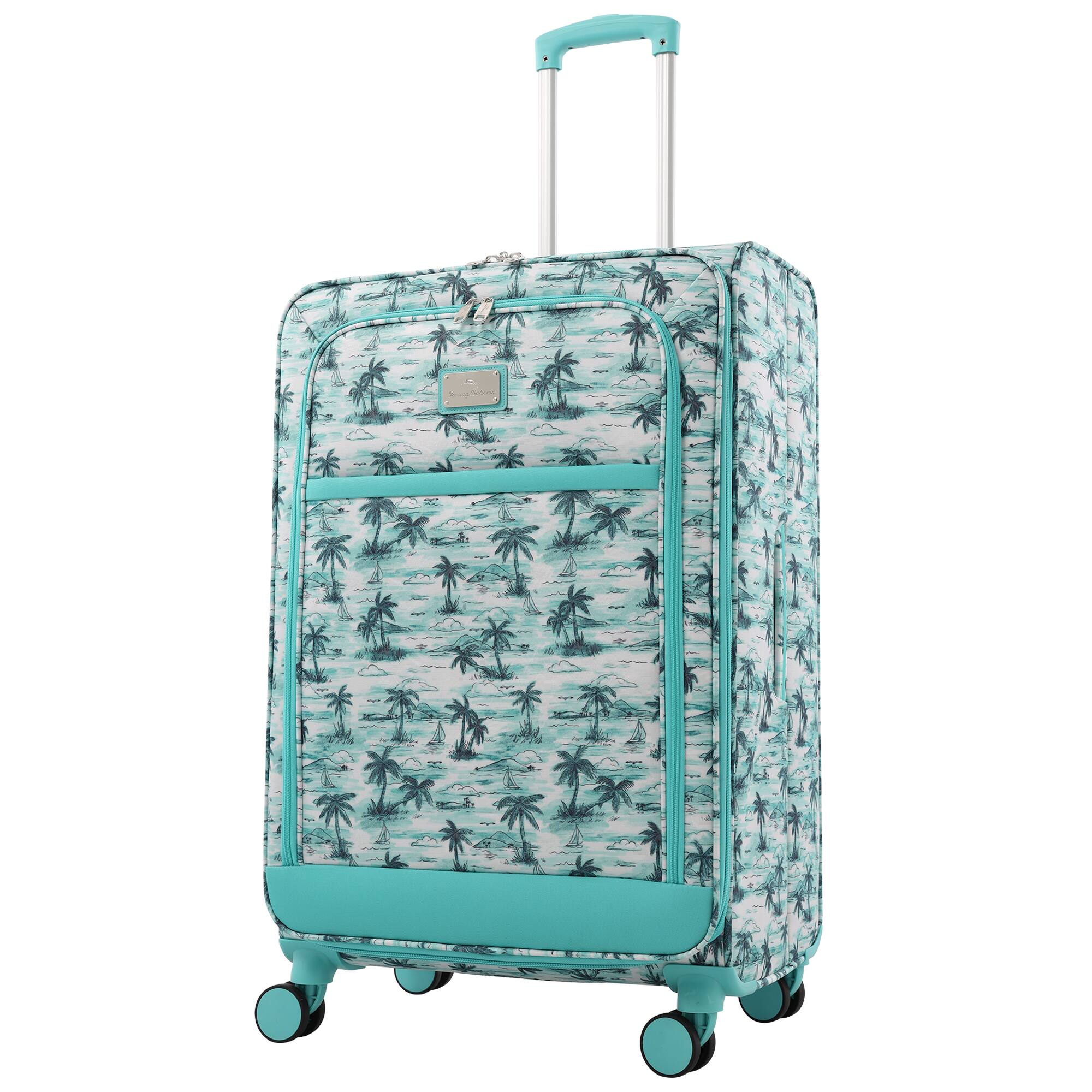 Angle. Tommy Bahama - Palm Print 30" Expandable Softside Spinner - Aqua.