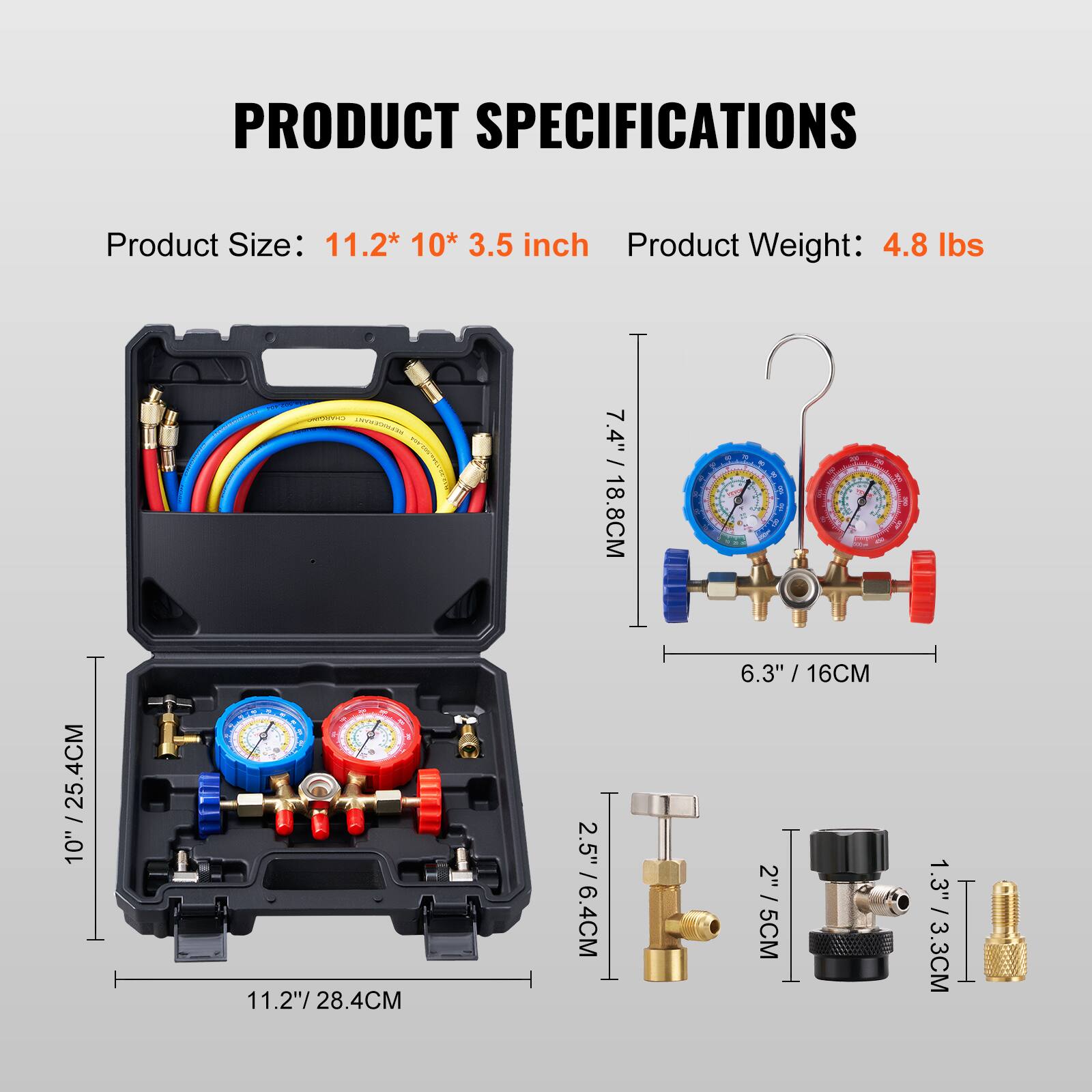 PRODUCT SPECIFICATIONS

Product Size: 11.2" x 10" x 3.5 inch  
Product Weight: 4.8 lbs

- 7.4" / 18.8CM
- 10" / 25.4CM
- 11.2" / 28.4CM
- 6.3" / 16CM
- 2.5" / 6.4CM
- 2" / 5CM
- 1.3" / 3.3CM