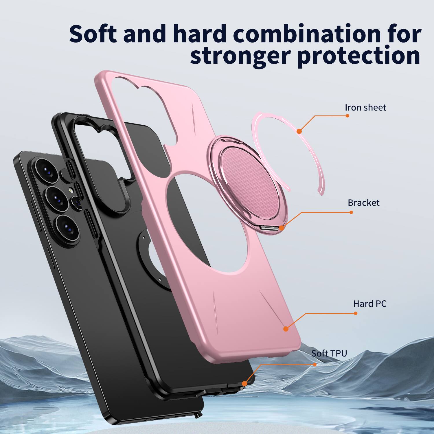 Soft and hard combination for stronger protection

Iron sheet
Bracket
Hard PC
Soft TPU