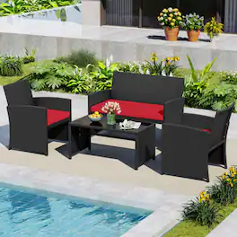 Mondawe - 42x25x31 IN Freestanding Patio Sofa Set with Table and Cushions 4-Piece - Black+Red