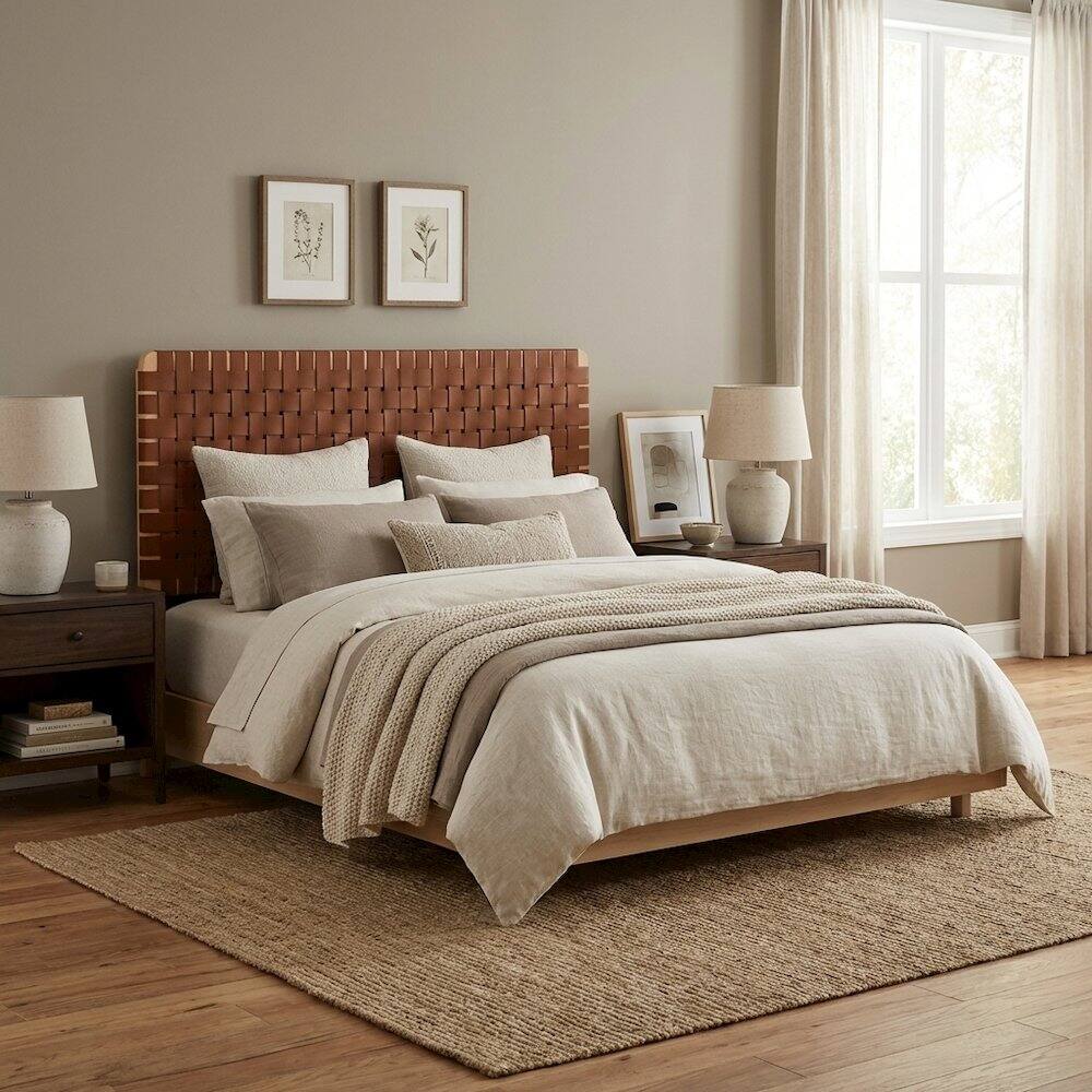 Left. FurniFact - Vegan Leather Queen Headboard with Woven Texture and Durable Frame - Brown.