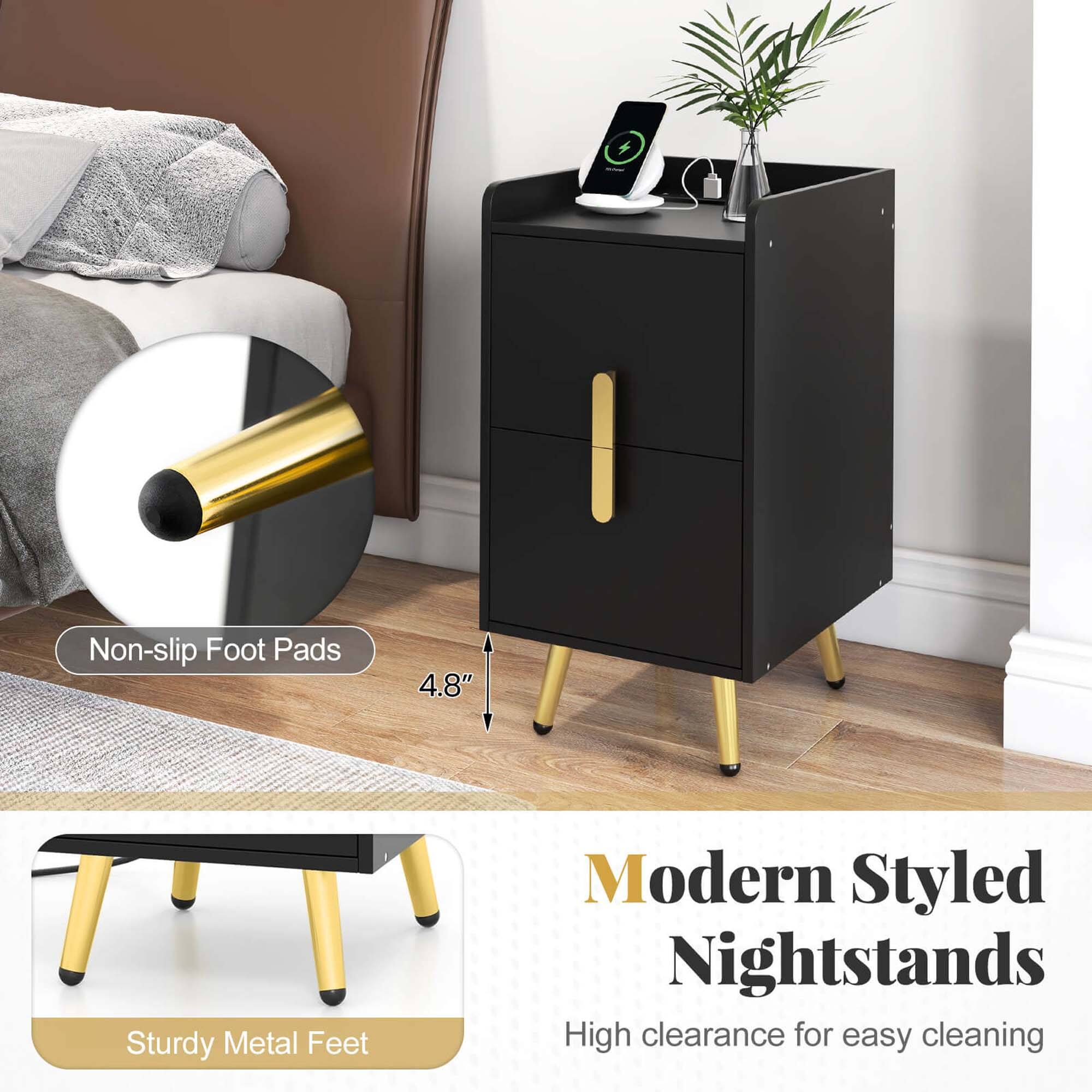 The text on the image is grouped and corrected as follows:

"Modern Styled Nightstands with Sturdy Metal Feet and Non-slip Foot Pads for easy cleaning."