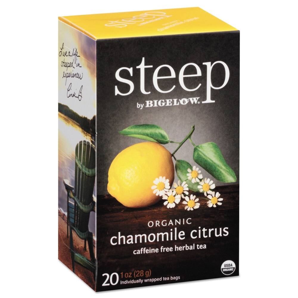 steep by BIGELOW.  
ORGANIC chamomile citrus  
caffeine free herbal tea  
20 individually wrapped tea bags  
1 oz (28 g)  
USDA ORGANIC