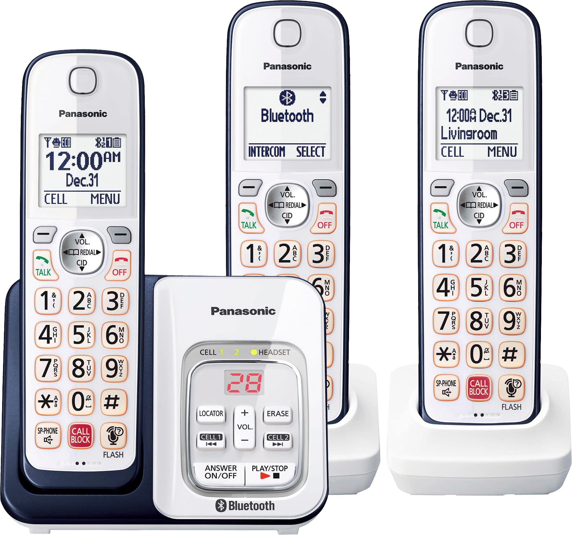 Panasonic Panasonic Panasonic T 12:00AM Dec.31 CELL MENU Bluetooth INTERCOM SELECT - VOL . REDIAL CID TALK OFF T 823 12:00A Dec.31 Livingroom CELL MENU VOL. REDIAL CID TALK OFF TALK 1 DPC 4 GHI 7 PORS ATR VOL REDIAL CID OFF 2 ABC 3 DEF 5 JKL 6 y 8 AOL 9 I 2 0 1 B 2 ABC Panasonic CELL 1 2 HEADSET 28 LOCATOR + ERASE 3 DEF MNO N 1 4 GHI 7 PORS AI SP-PHONE 2 AC 5 JKL 8 TUV 0 g CALL BLOCK 3 DEF 6 9 WXYZ # ? FLASH SP-PHONE CALL BLOCK FLASH CELL1 H4 VOL CLLL2 - ANSWER PLAY/STOP ON/OFF Bluetooth
