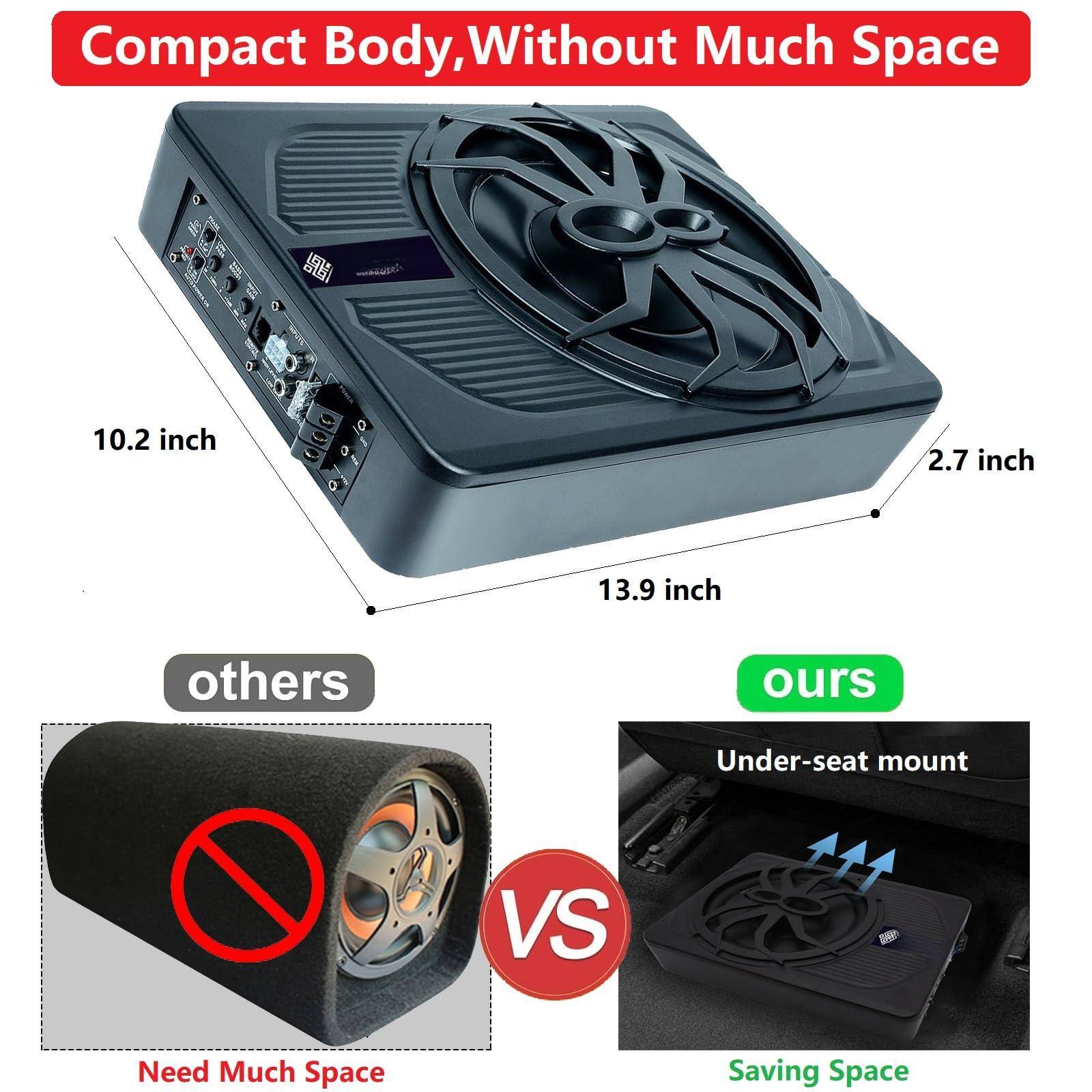 Compact Body, Without Much Space

10.2 inch  
2.7 inch  
13.9 inch

others  
Need Much Space

ours  
Under-seat mount  
Saving Space