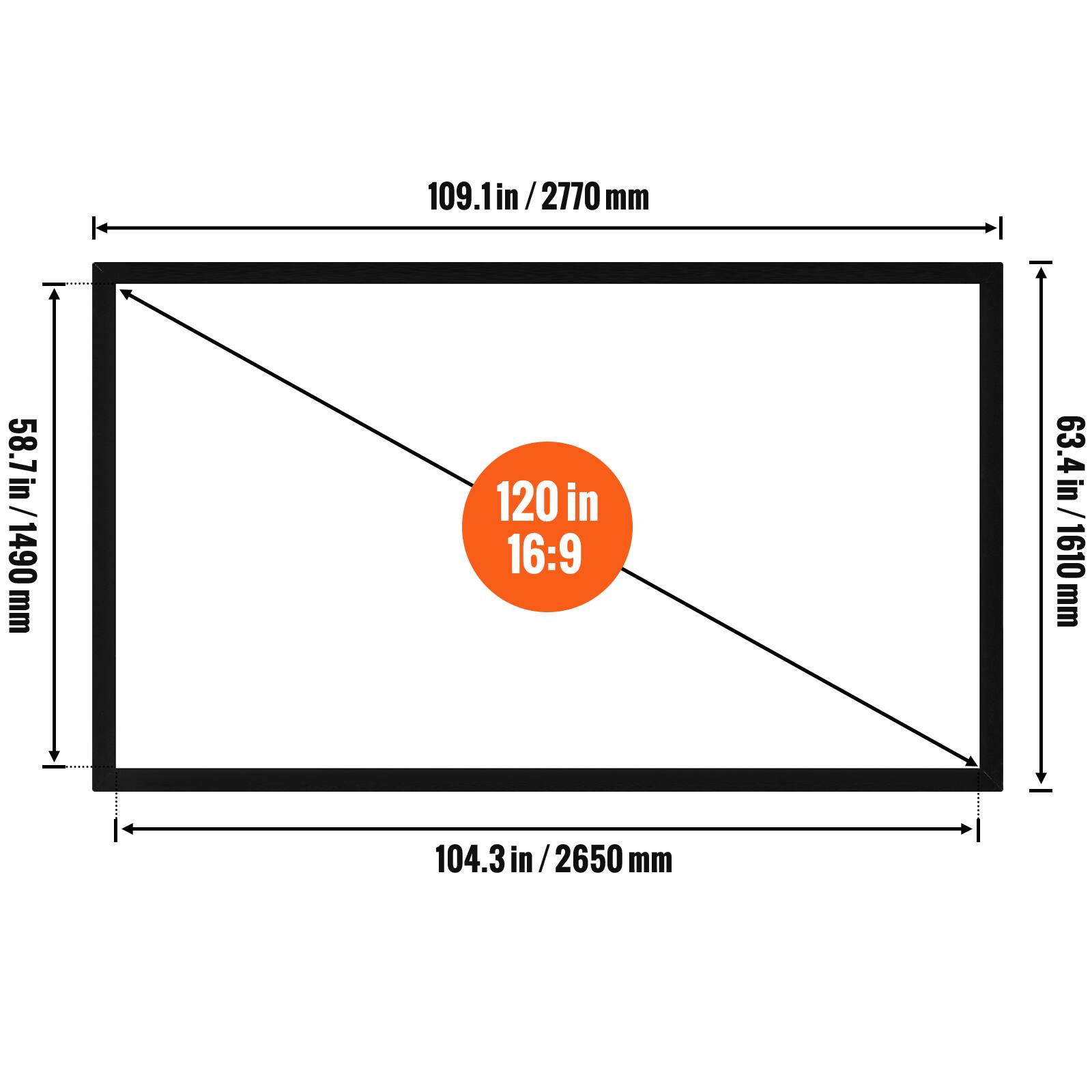 Here is the corrected and grouped text:

- 109.1 in / 2770 mm
- 58.7 in / 1490 mm
- 120 in (16:9)
- 63.4 in / 1610 mm
- 104.3 in / 2650 mm