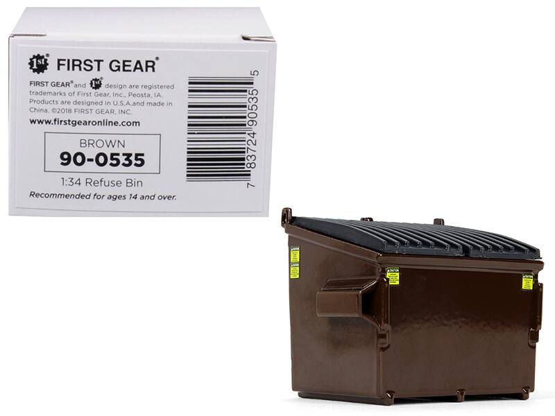 1. FIRST GEAR® and design are registered trademarks of First Gear, Inc., Peosta, IA. Products are designed in U.S.A. and made in China. ©2018 FIRST GEAR, INC. www.firstgearonline.com

2. BROWN 90-0535

3. 1:34 Refuse Bin

4. Recommended for ages 14 and over.

5. 8372490535 7 5