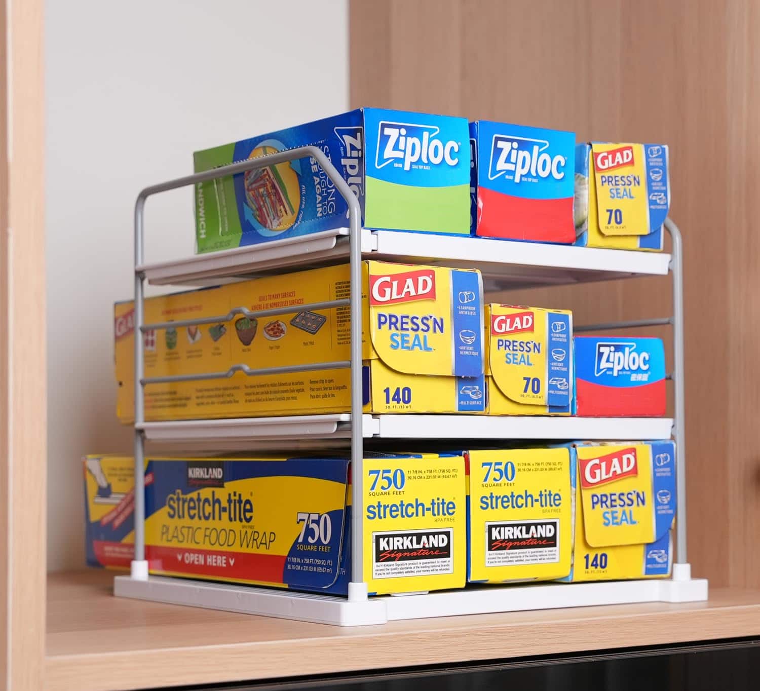 Cedar Assembly - EVERIE Extendable 3-Tier Holder for Heavy Items, Jars, Bottles, Cans, Plastic Bags, Wrap, Foil, Snack and B - 11“ - 16.7” Wide 2.0