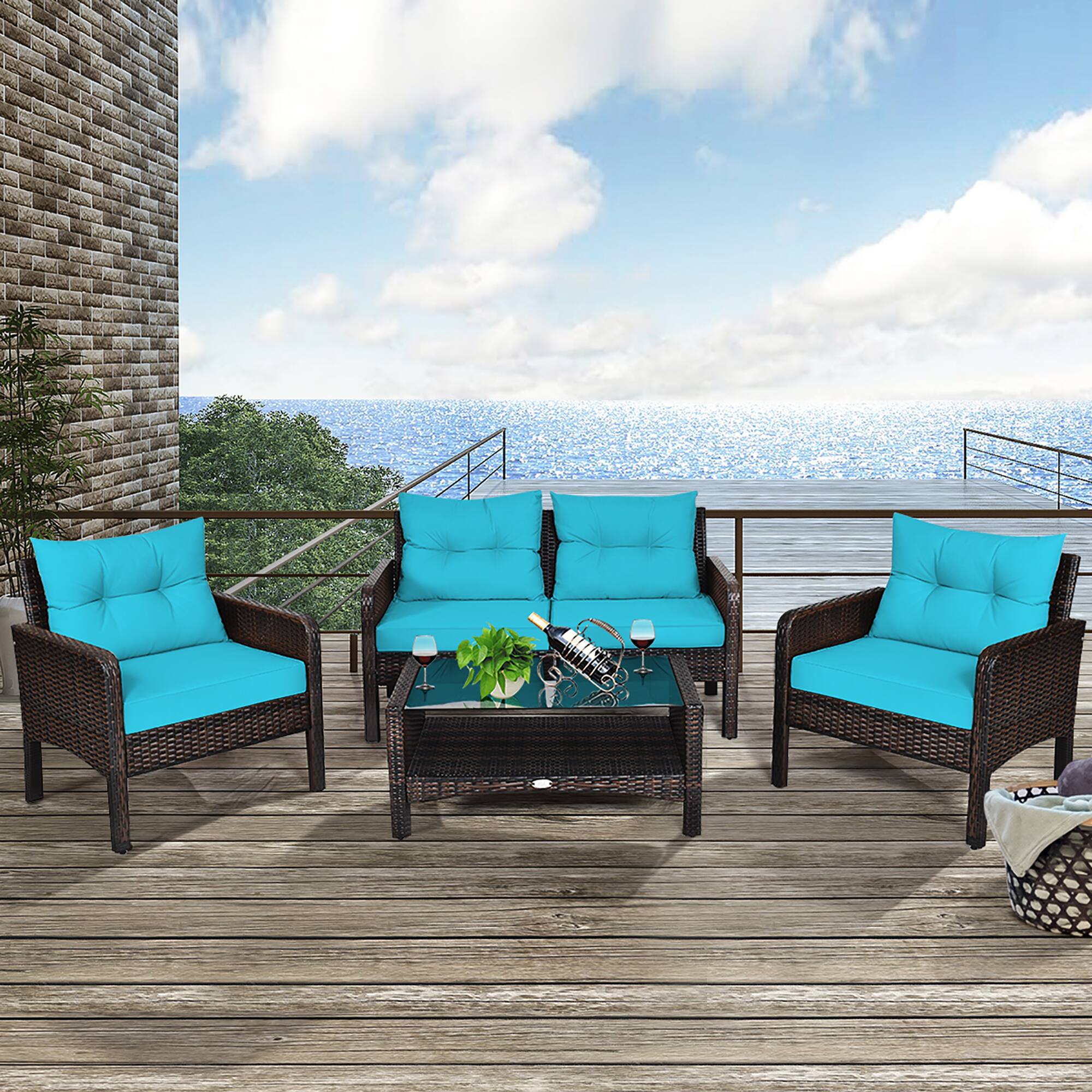 Alt View 4. Costway - Costway 4PCS Patio Rattan Furniture Set Loveseat Sofa Coffee Table W/ Cushion - Turquoise.