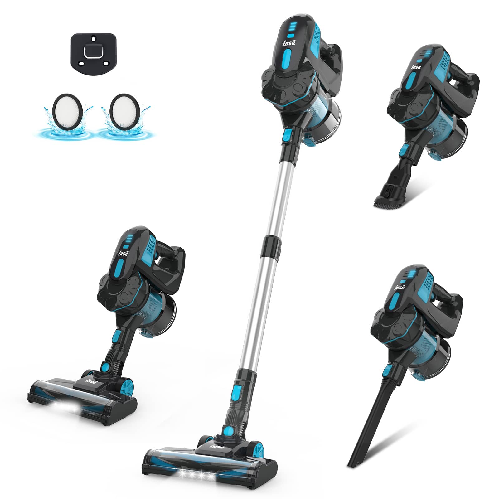 INSE - Cordless Vacuum Cleaner, 6 in 1 Lightweight Stick Vacuum with Powerful Suction, For Hard Floor Carpet Pet Hair Home - Blue