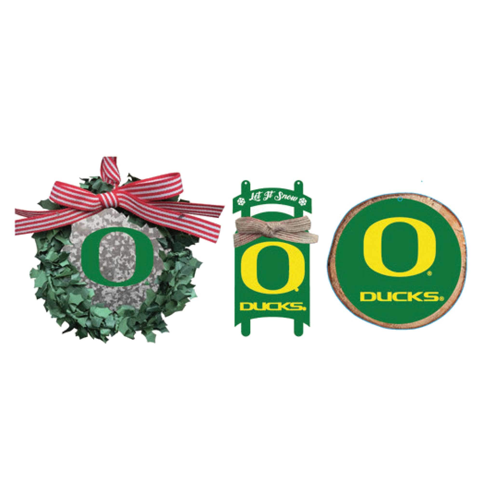 The Memory Company - Oregon Ducks Three-Pack Wreath, Sled & Circle Ornament Set - Multicolor