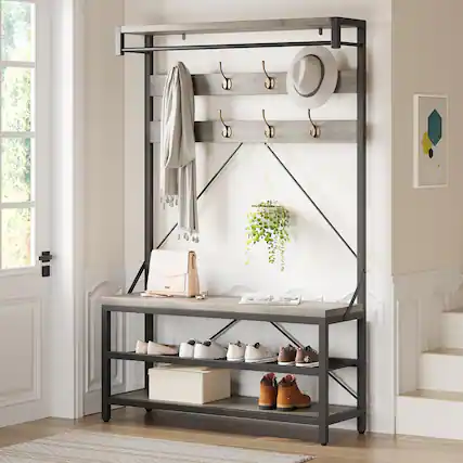 Front. Acekool - Coat Rack, Hall Tree with Shoe Storage Bench, Farmhouse Entryway Furniture Mudroom Storage with 8 Hooks - Grey.