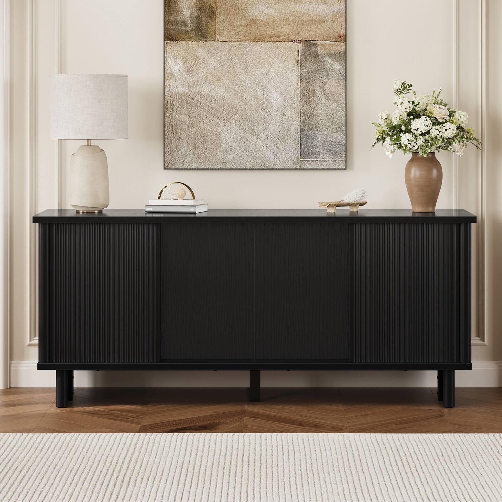 Left. Bestier - Modern Mid-Century 58" TV Stand for TVs up to 65", 4-Door Fluted Media Console with Sliding Doors - Black Grained.