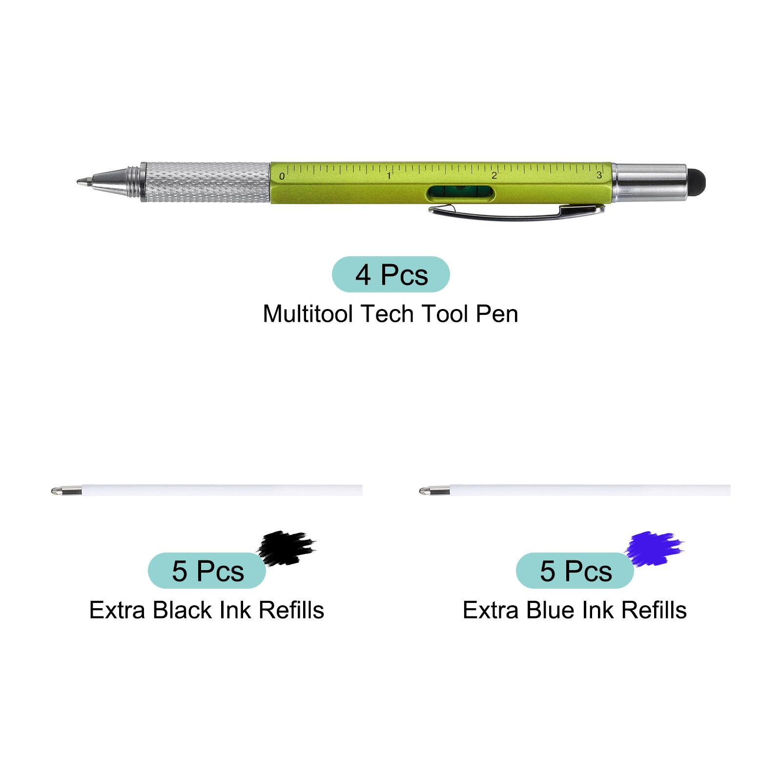 4 Pcs Multitool Tech Tool Pen  
5 Pcs Extra Black Ink Refills  
5 Pcs Extra Blue Ink Refills
