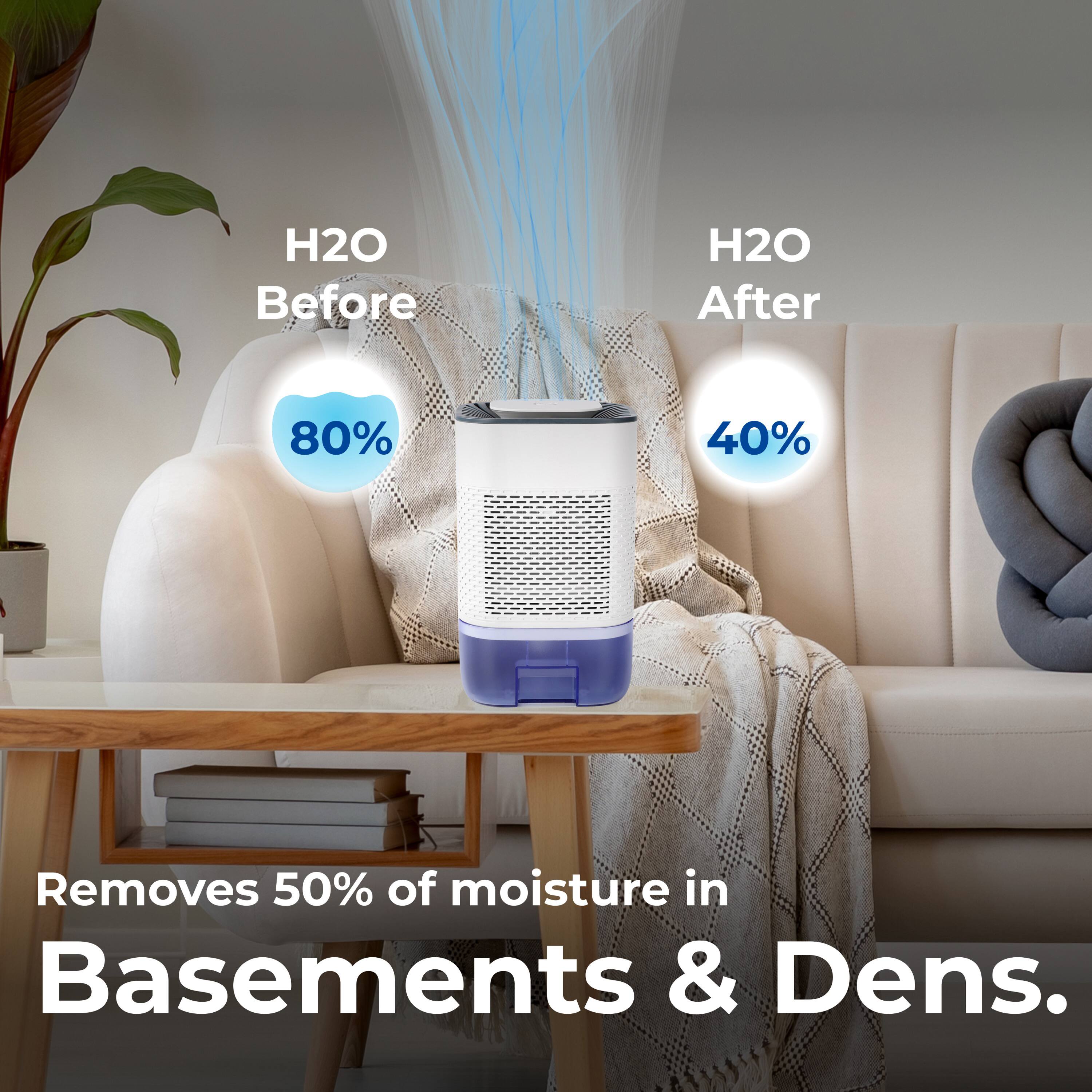 H2O Before: 80%
H2O After: 40%
Removes 50% of moisture in Basements & Dens.