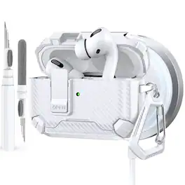 Dteck - Case for Airpods Pro 3rd Gen (2025) with Magnetic Lock,Compatible with Mag Safe,Carbon Fiber Texture Cover + Carabiner - Whitewhite