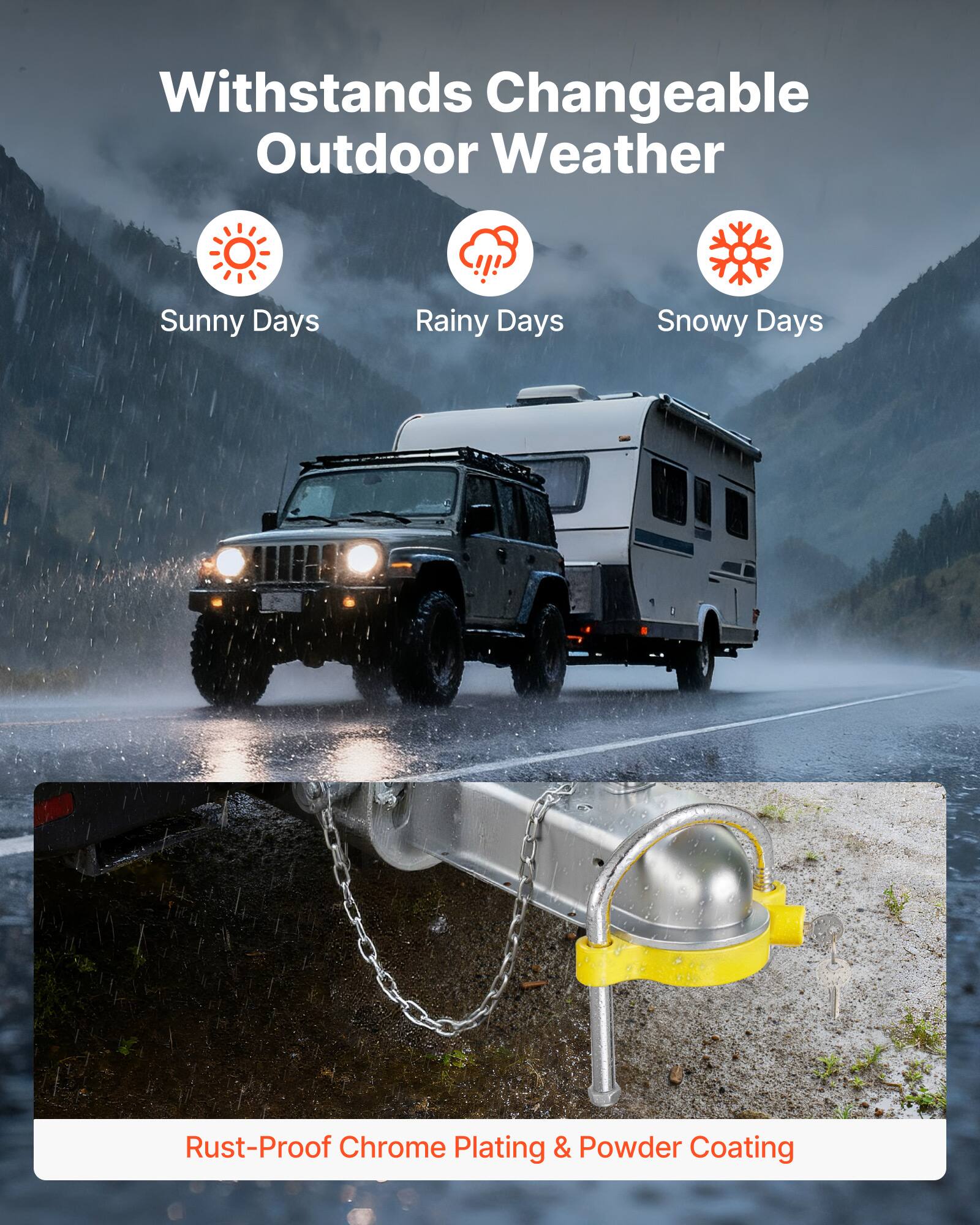 Withstands Changeable Outdoor Weather  
Sunny Days  
Rainy Days  
Snowy Days  

Rust-Proof Chrome Plating & Powder Coating