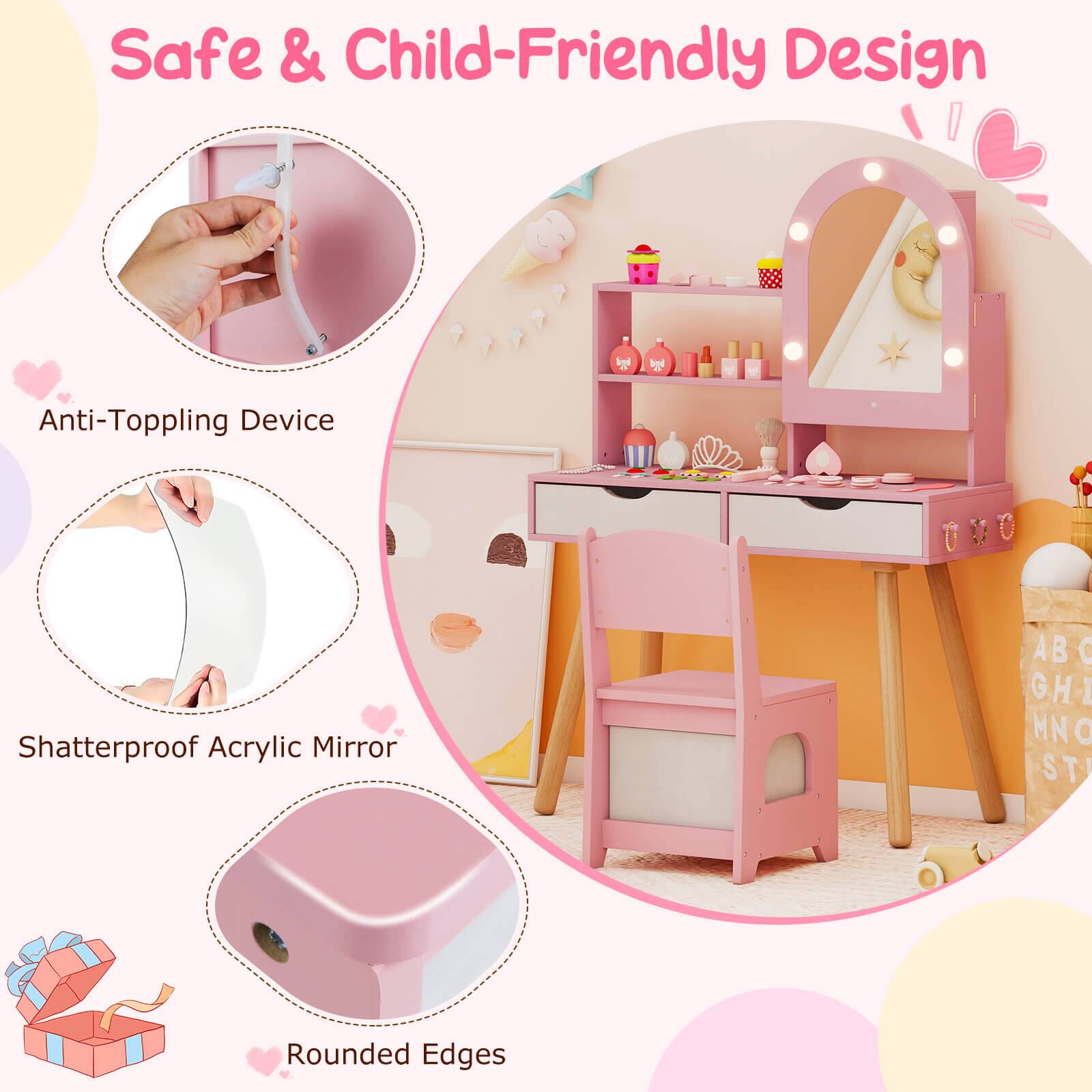 Safe & Child-Friendly Design

- Anti-Toppling Device
- Shatterproof Acrylic Mirror
- Rounded Edges
