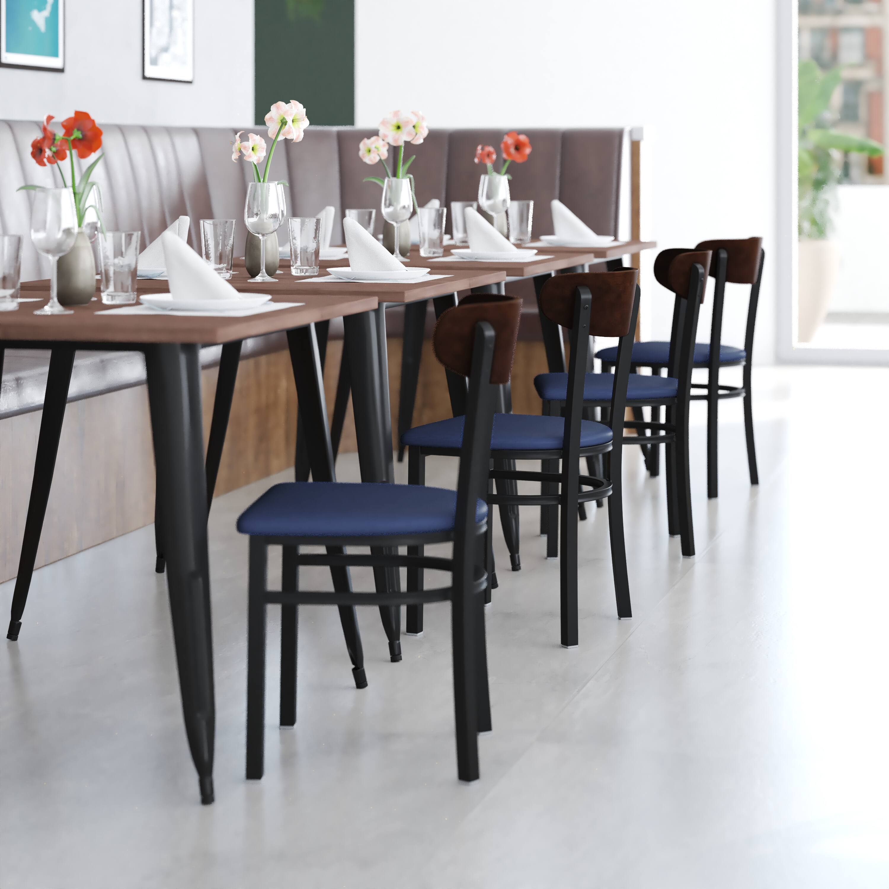 Alt View 3. Emma + Oliver - Yara Industrial Dining Chair with Rolled Steel Frame and Solid Wood Seat - 500 lbs. Static Weight Capacity - Walnut Wood Back/Blue Vinyl Seat.