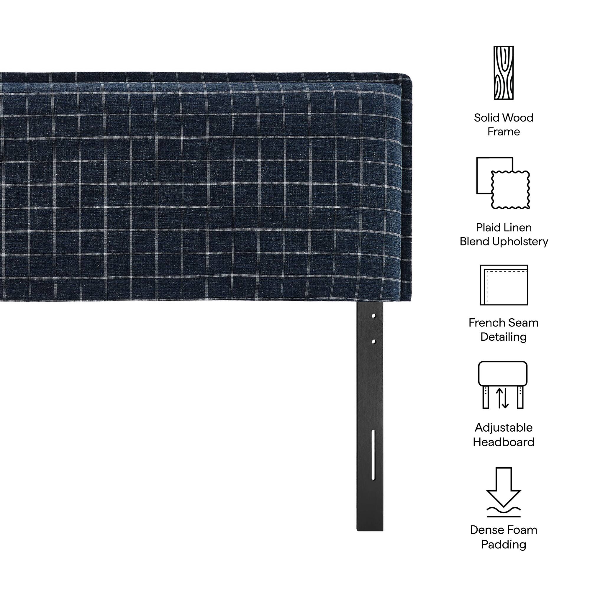 Solid Wood Frame  
Plaid Linen Blend Upholstery  
French Seam Detailing  
Adjustable Headboard  
Dense Foam Padding