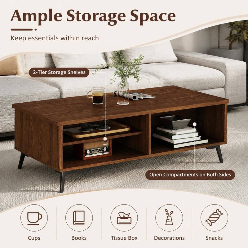 Ample Storage Space  
Keep essentials within reach

2-Tier Storage Shelves  
Open Compartments on Both Sides

Cups  
Books  
Tissue Box  
Decorations  
Snacks