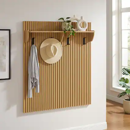 Front. Modway - Render Fluted Coat Rack Panel With Shelf by Modway - Light Oak.