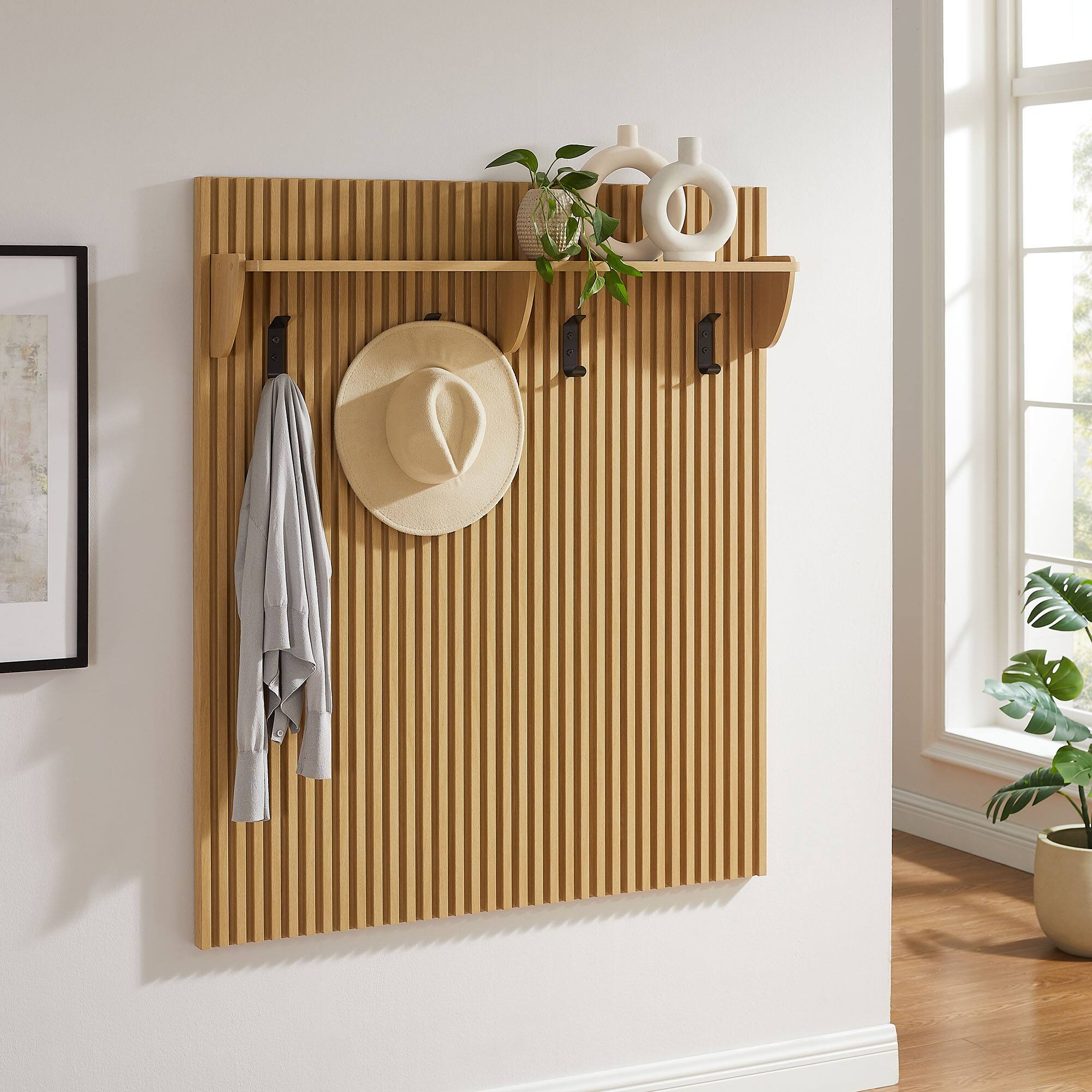 Front. Modway - Render Fluted Coat Rack Panel With Shelf by Modway - Light Oak.