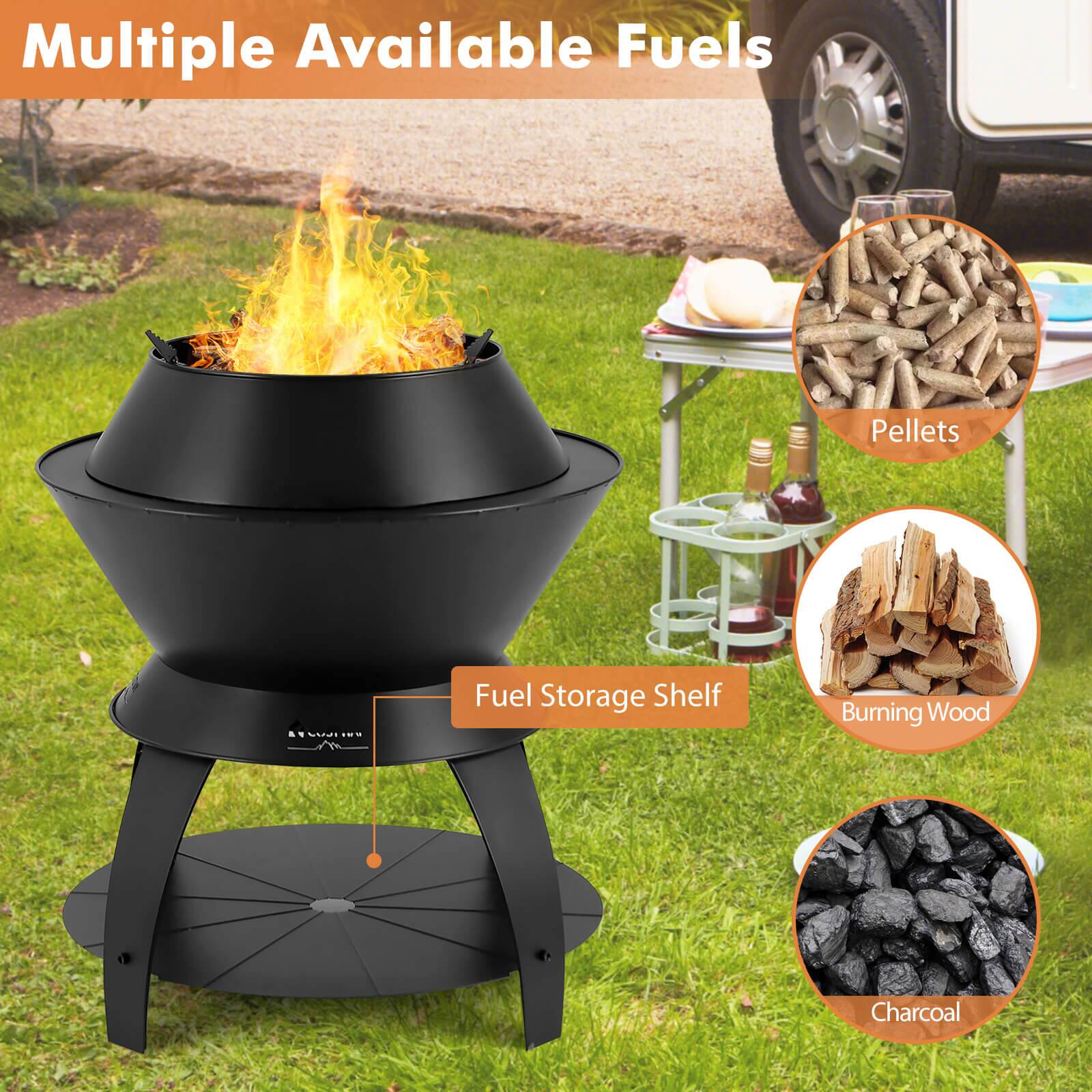 Multiple Available Fuels: Pellets, Fuel Storage Shelf, Burning Wood, Charcoal