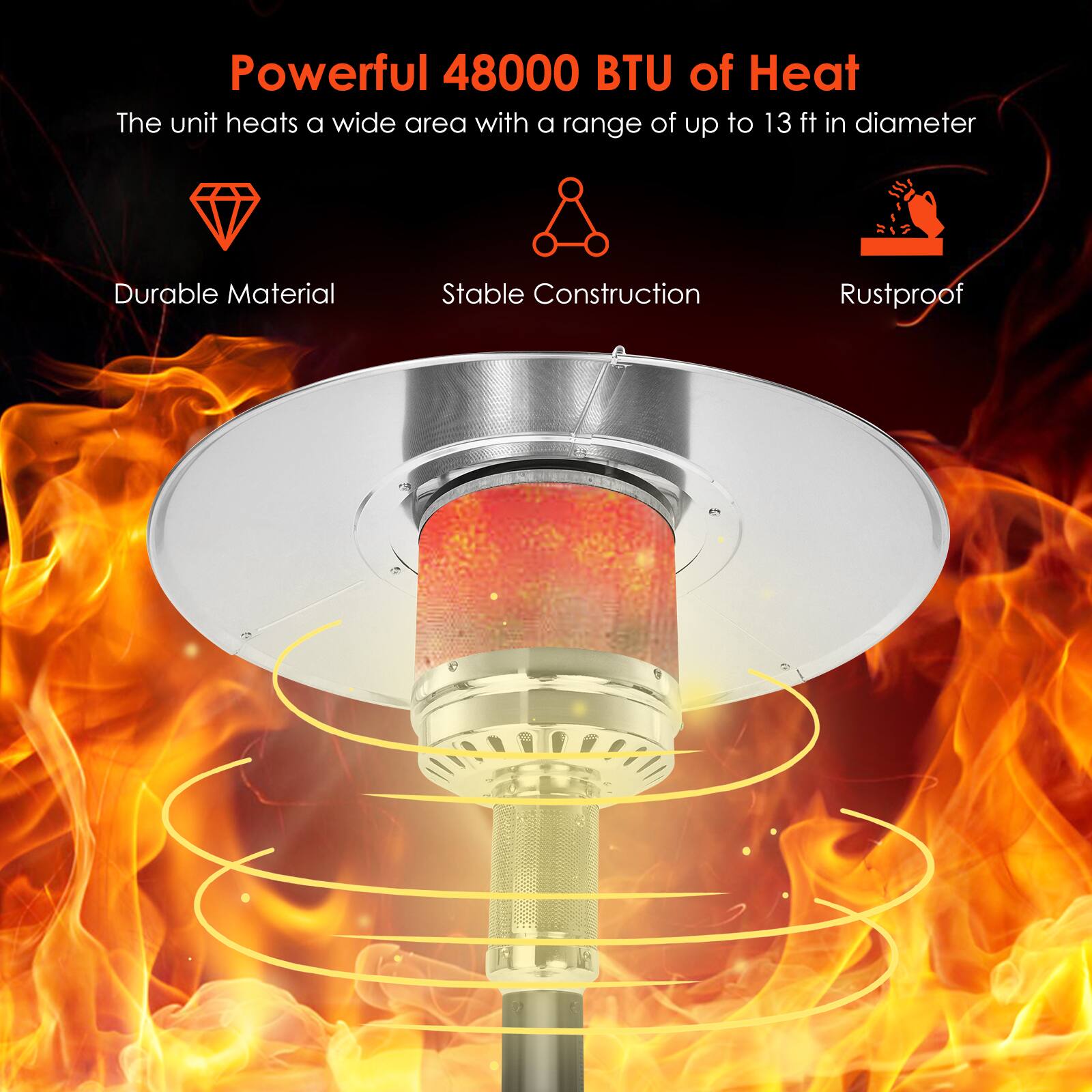 Powerful 48000 BTU of Heat  
The unit heats a wide area with a range of up to 13 ft in diameter  

Durable Material  
Stable Construction  
Rustproof