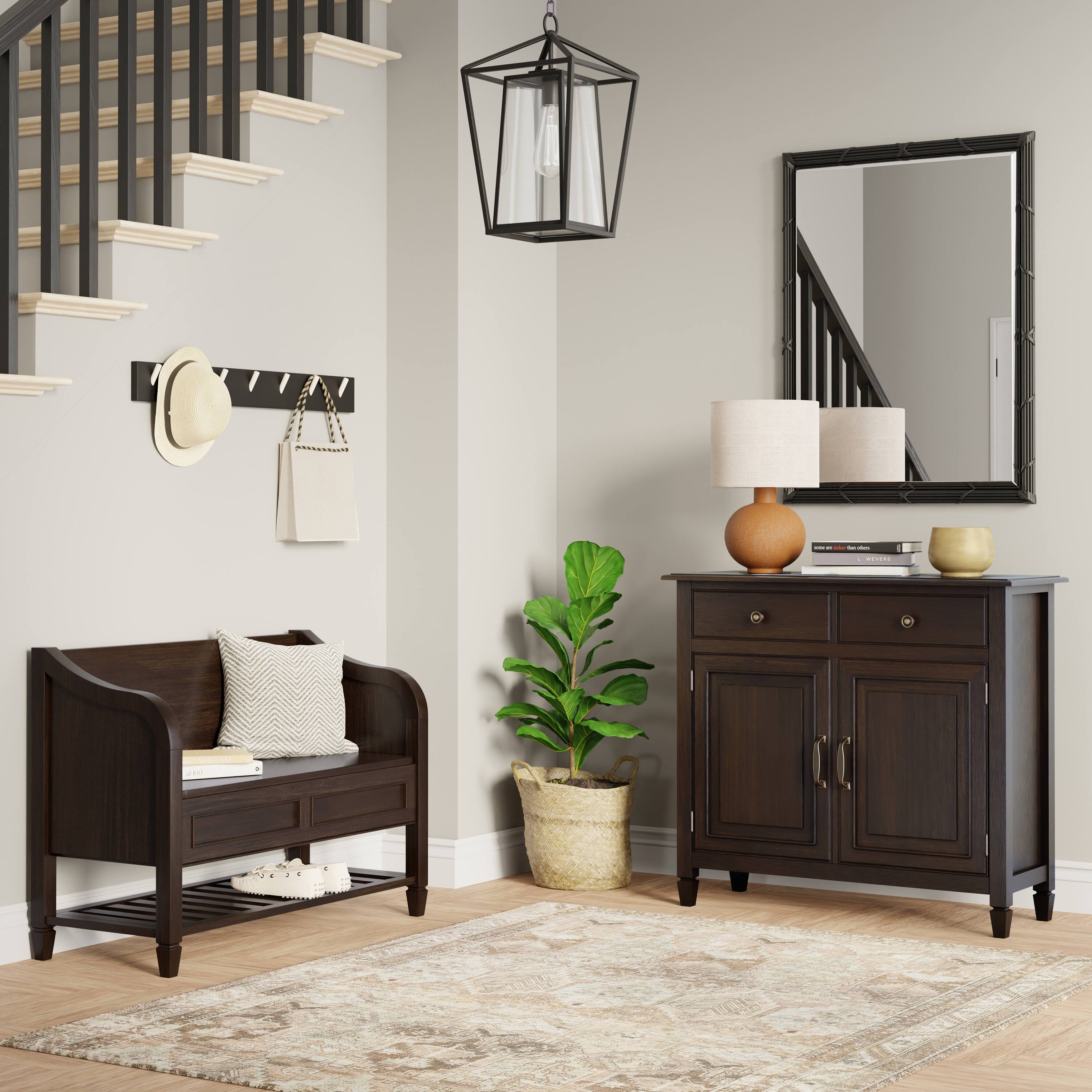 Angle. Simpli Home - Connaught 42-inch Storage Bench with Shelf and 40-inch Cabinet - Chestnut Brown.