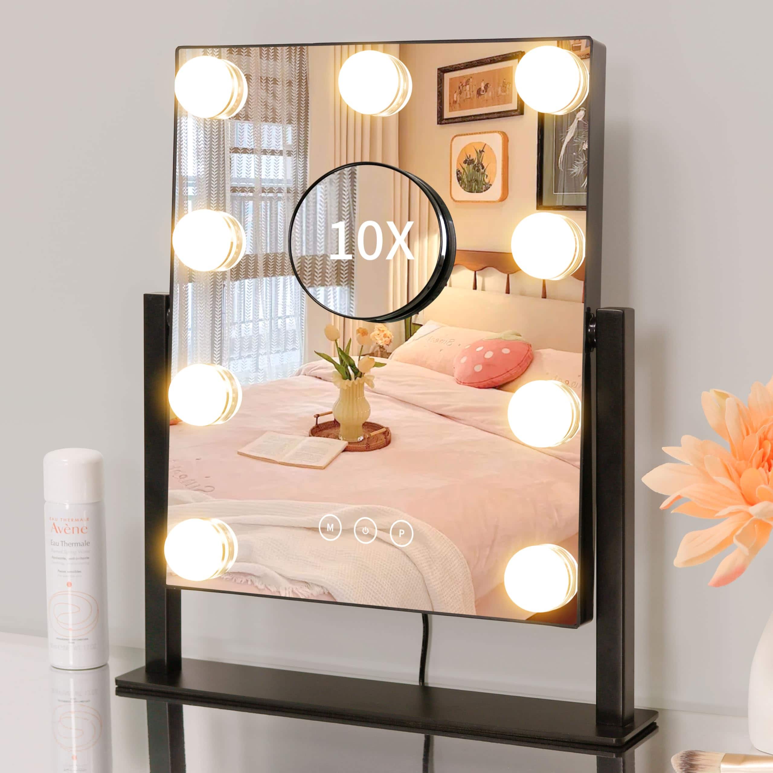 Dapper Styles - Vanity Mirror With Lights Lighted 9 Dimmable Bulbs For Dressing Room & Bedroom 3 Color Lighting Modes Detac - Black-14.4"L x 12"W