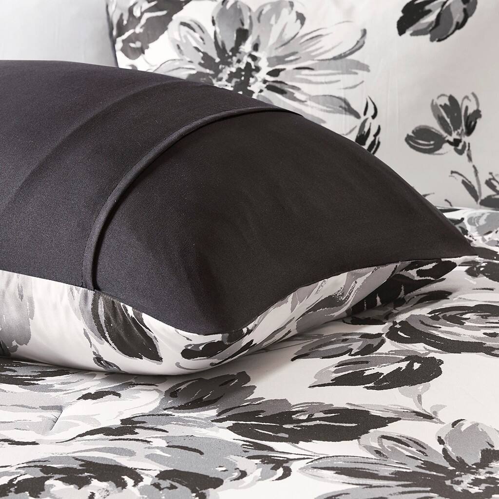 Alt View 1. Gracie Mills - Gracie Mills Marshall Floral Print Comforter Set with Antimicrobial Freshness - Black/White.