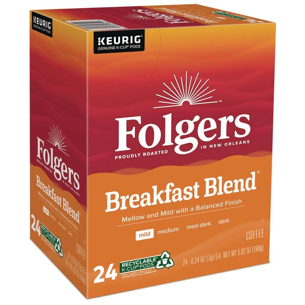 KEURIG GP POA US  
KEURIG GENUINE K-CUP PODS  
Folgers  
PROUDLY ROASTED IN NEW ORLEANS  
Breakfast Blend  
Mellow and Mild with a Balanced Finish  
24 K-CUP PODS  
NET WT 5.92 OZ (168g)  
24 - 0.24 OZ (7g)/EA  
RECYCLABLE  
24 EMPTY PODS  
RECYCLE. COMMUNICATE.