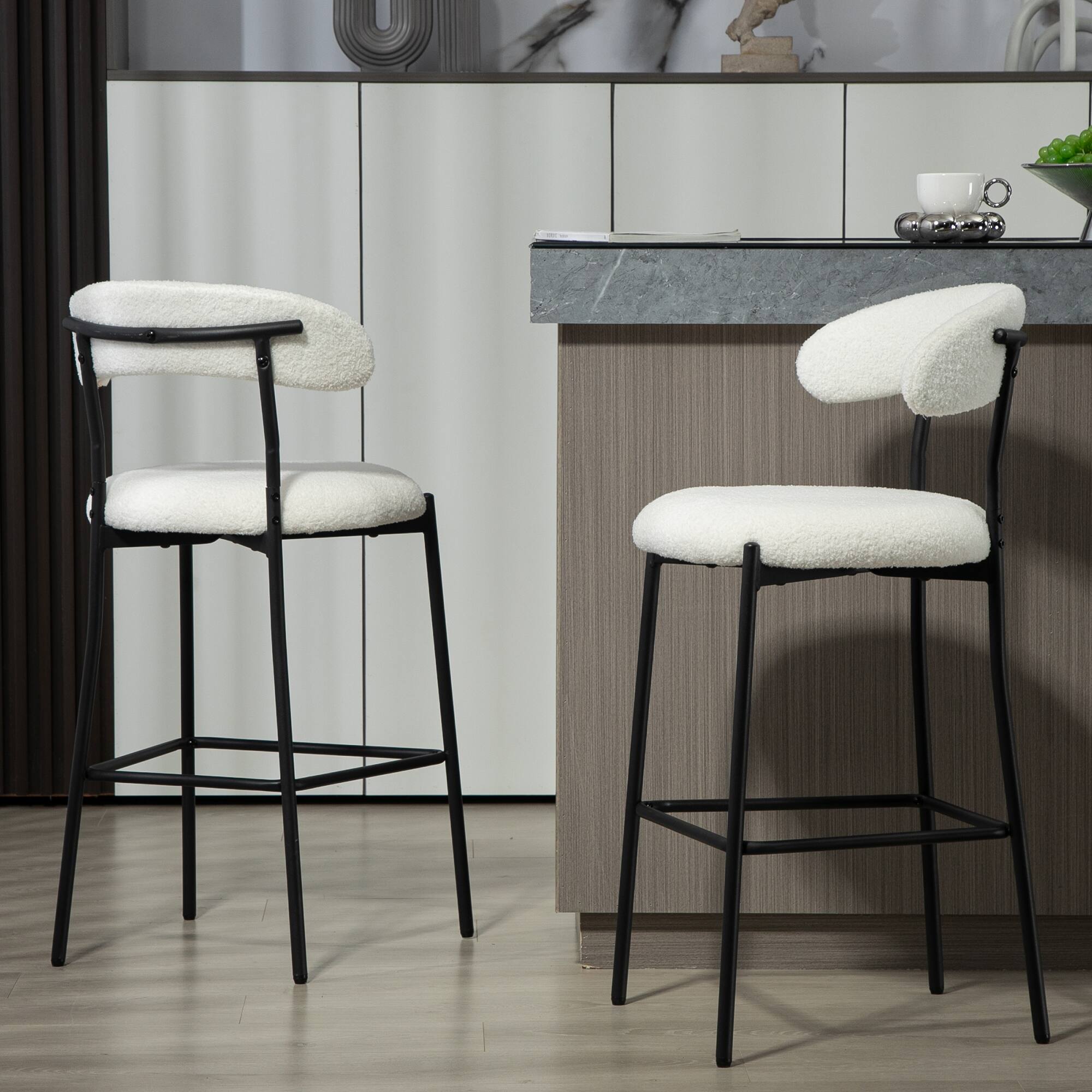 Alt View 4. GOODSILO - 26"" Counter Height Bar Stool - Teddy Fabric Kitchen Island Stool with Black Base - White.