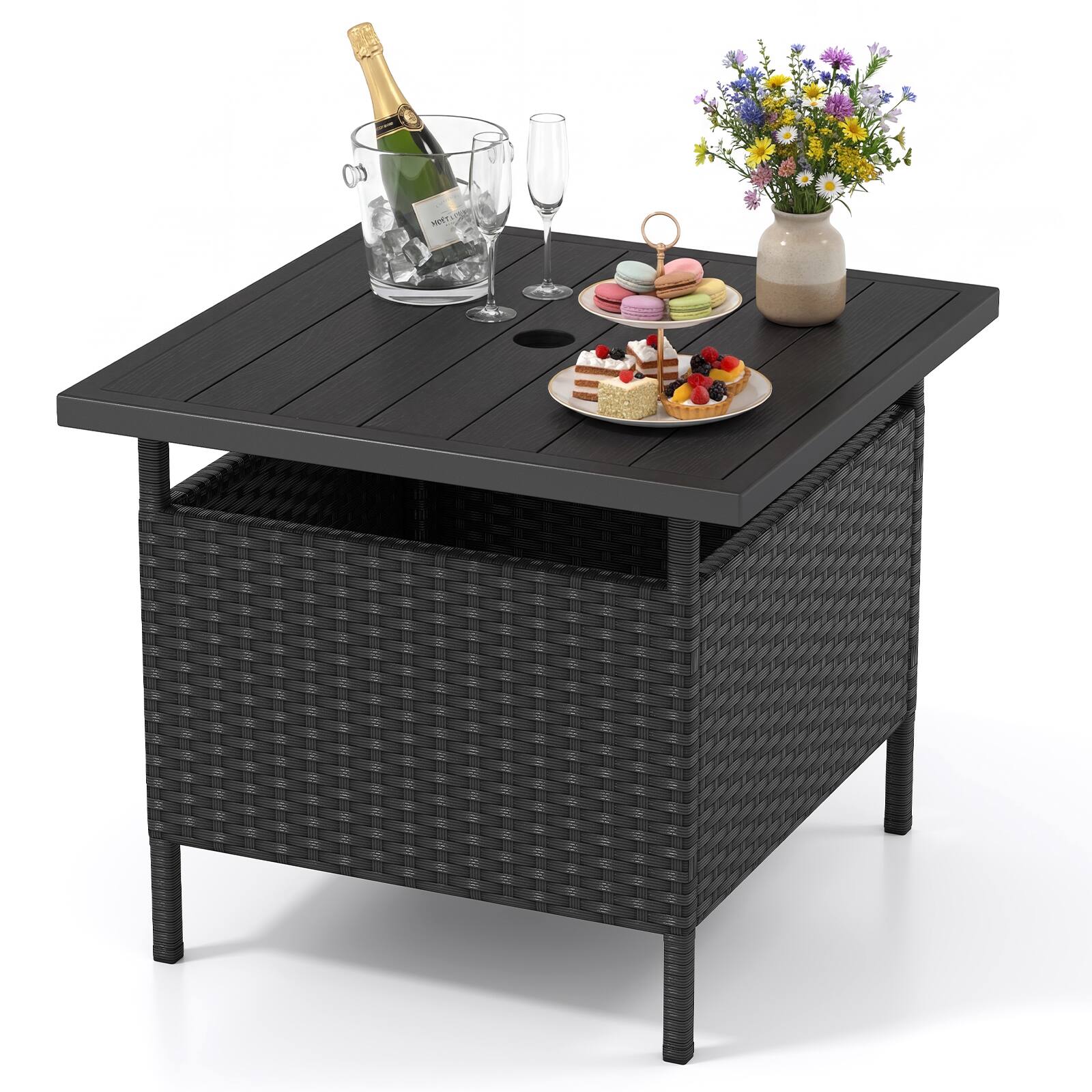 Front. Gymax - Gymax 22'' Patio Rattan Square Side End Table Garden Bistro Umbrella Stand Table W/Hole Black - Black.